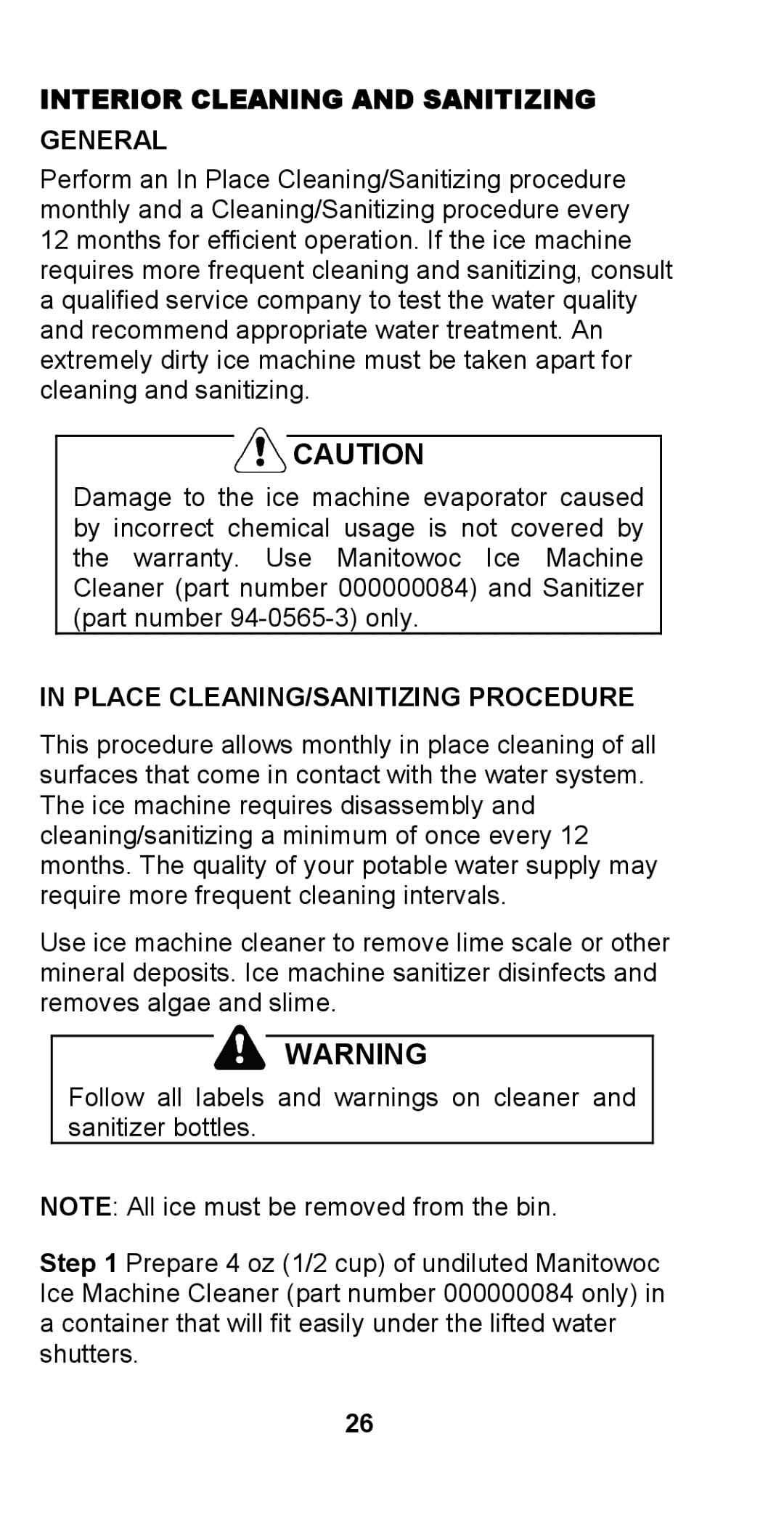 Manitowoc Ice STH003 manual Interior Cleaning and Sanitizing General, Place CLEANING/SANITIZING Procedure 