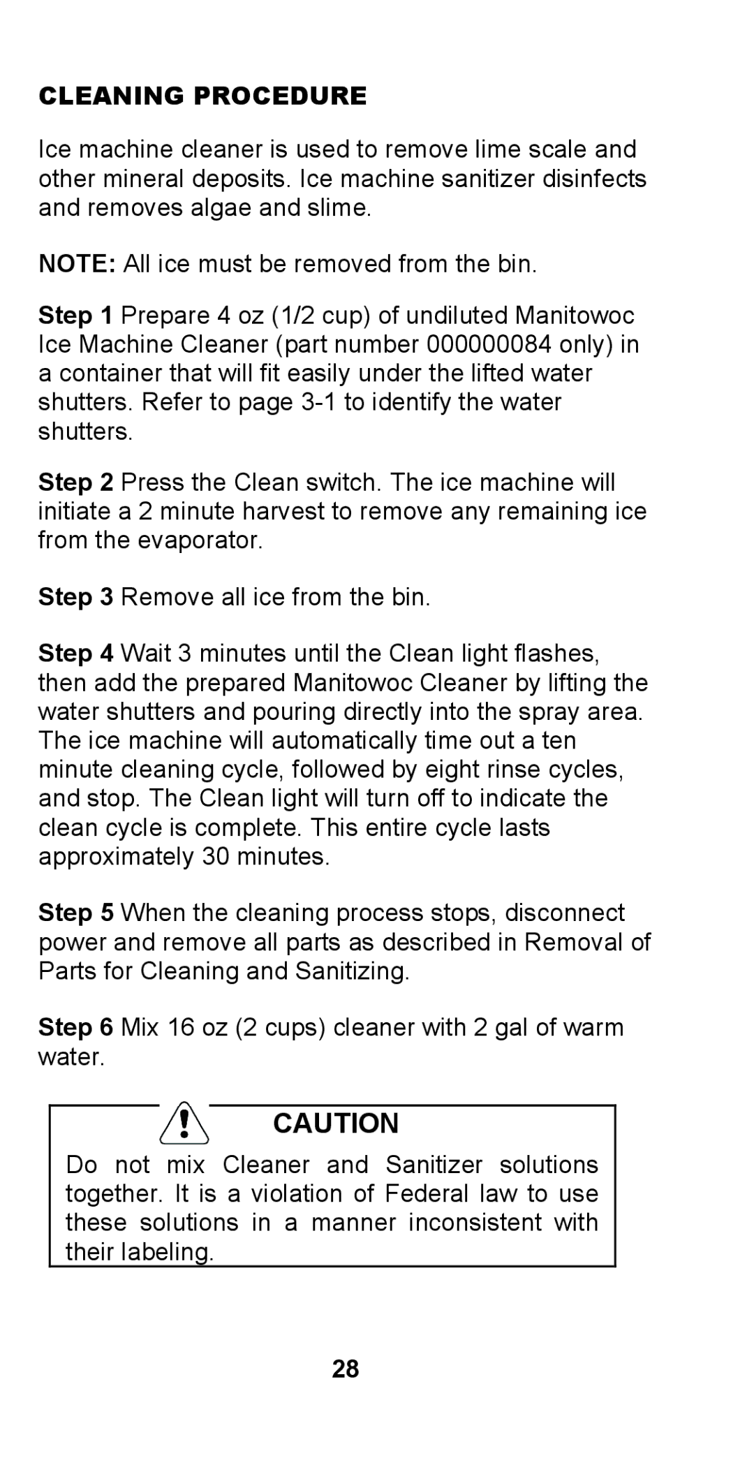 Manitowoc Ice STH003 manual Cleaning Procedure 