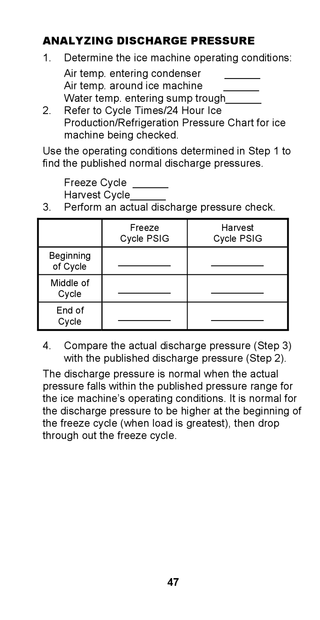 Manitowoc Ice STH003 manual Freeze Harvest Cycle Psig Beginning 