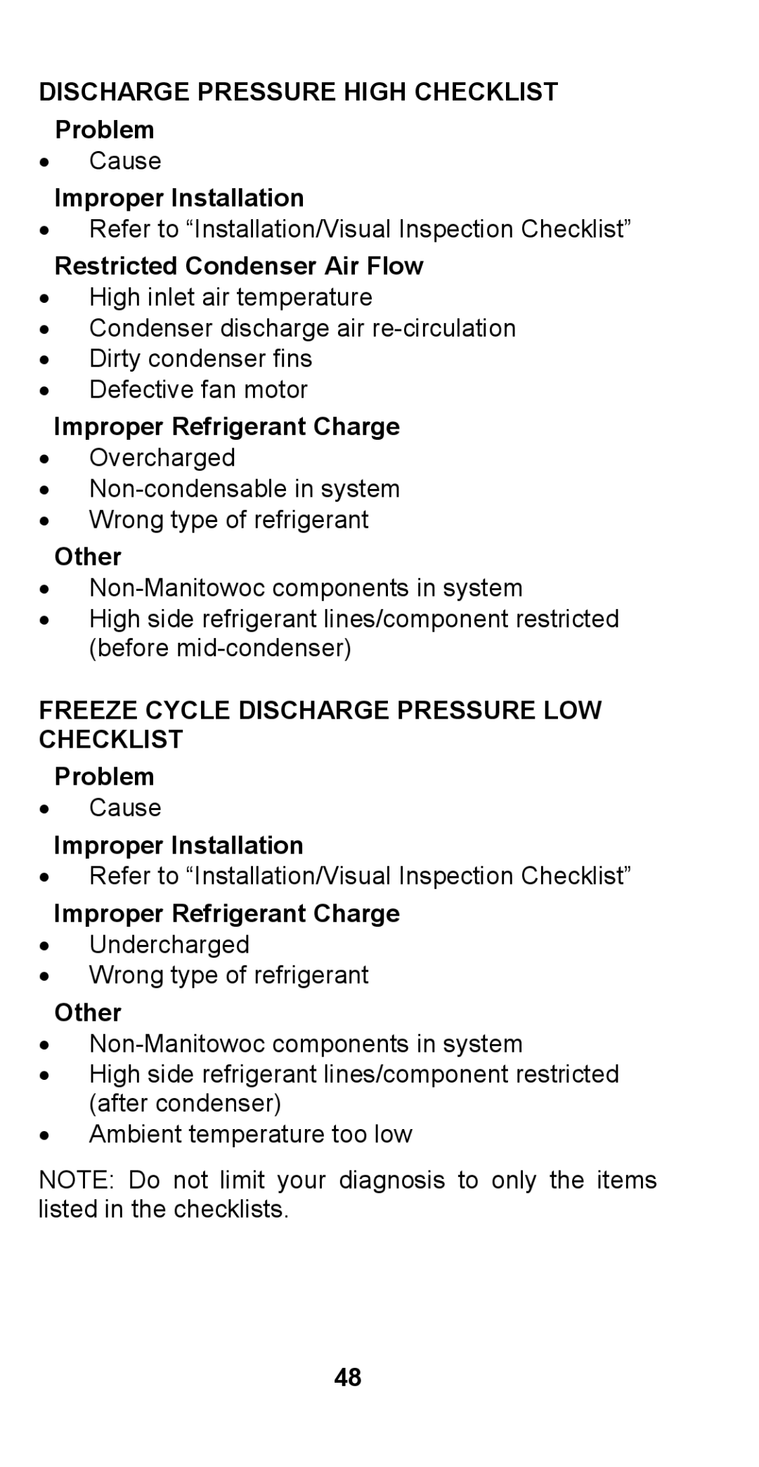 Manitowoc Ice STH003 manual Freeze Cycle Discharge Pressure LOW Checklist 