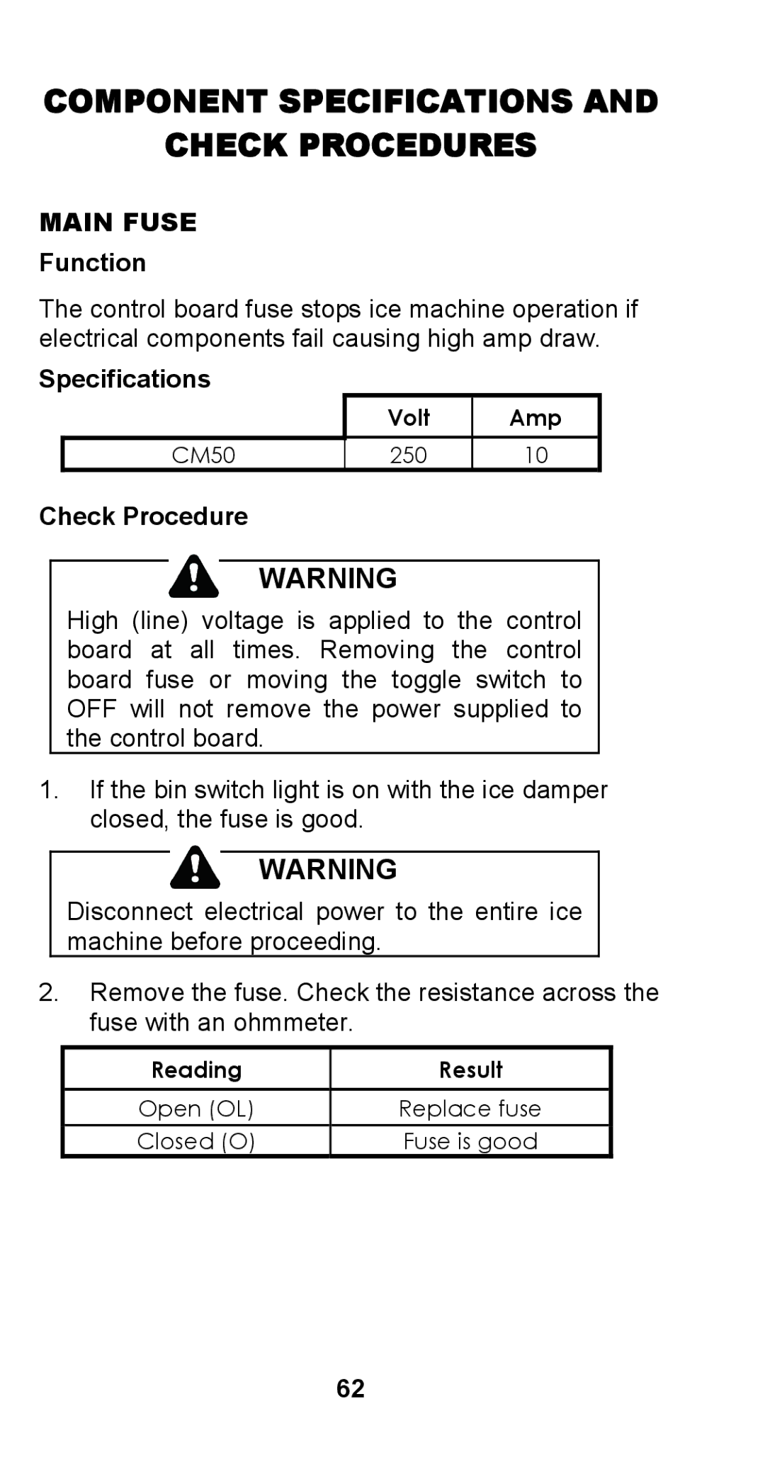 Manitowoc Ice STH003 manual Component Specifications Check Procedures 