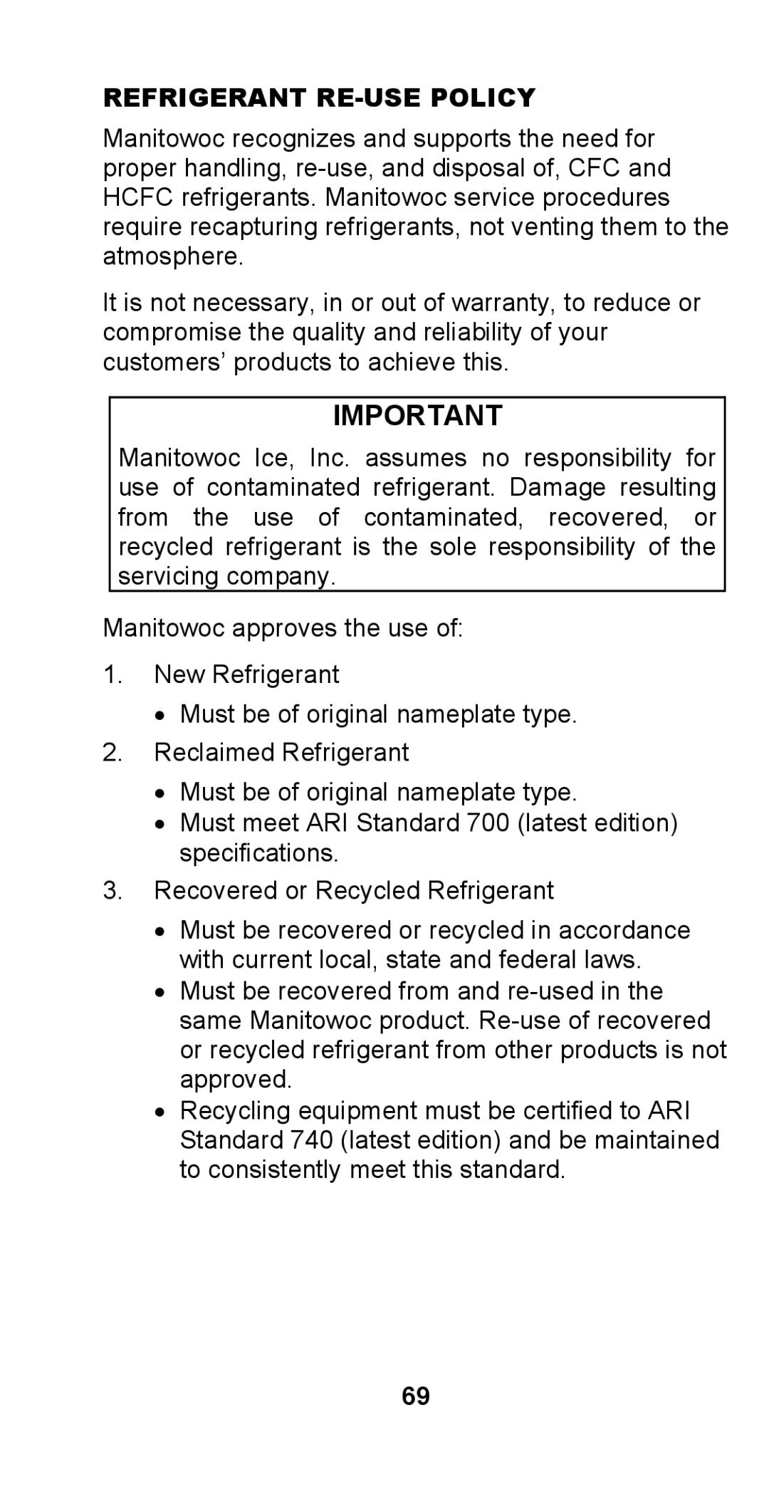 Manitowoc Ice STH003 manual Refrigerant RE-USE Policy 