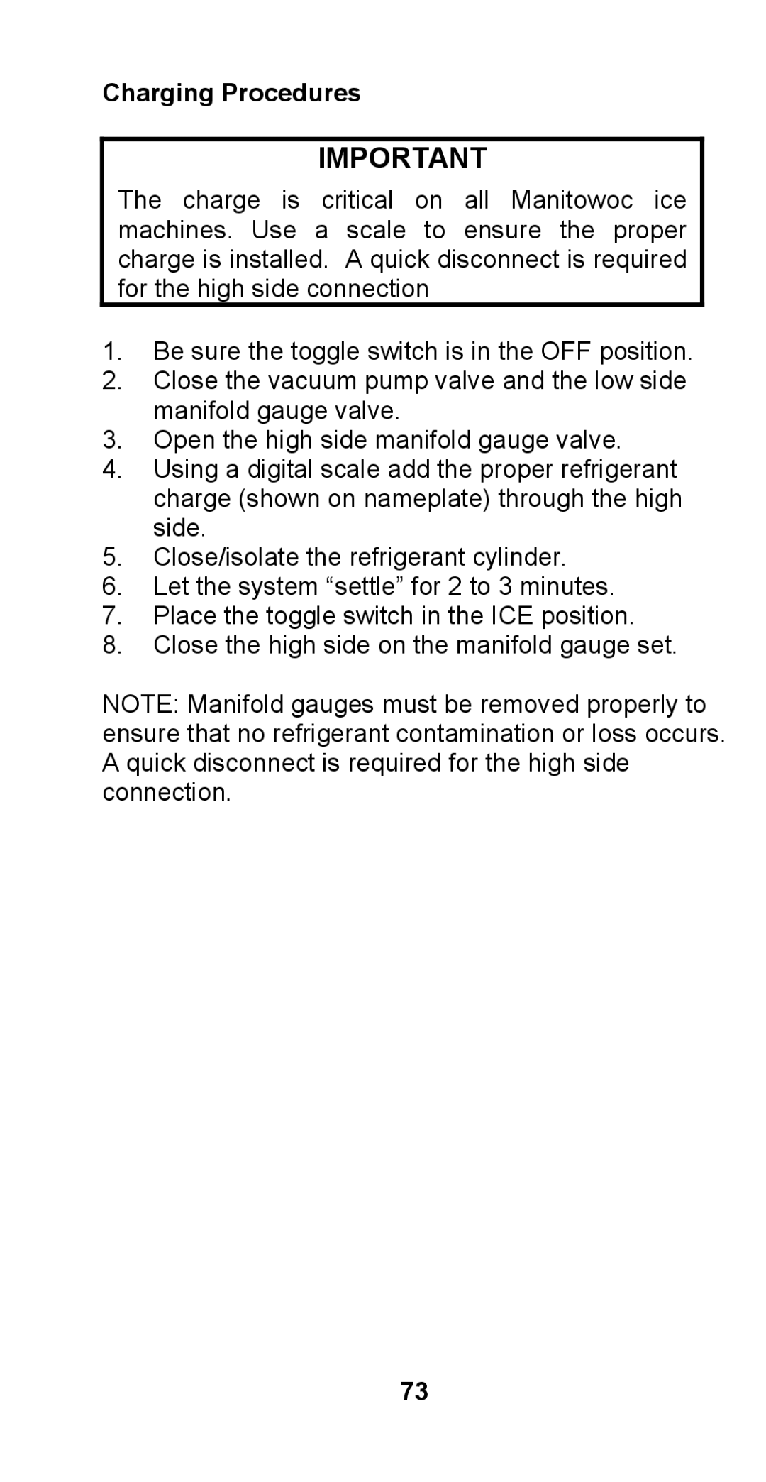 Manitowoc Ice STH003 manual Charging Procedures 