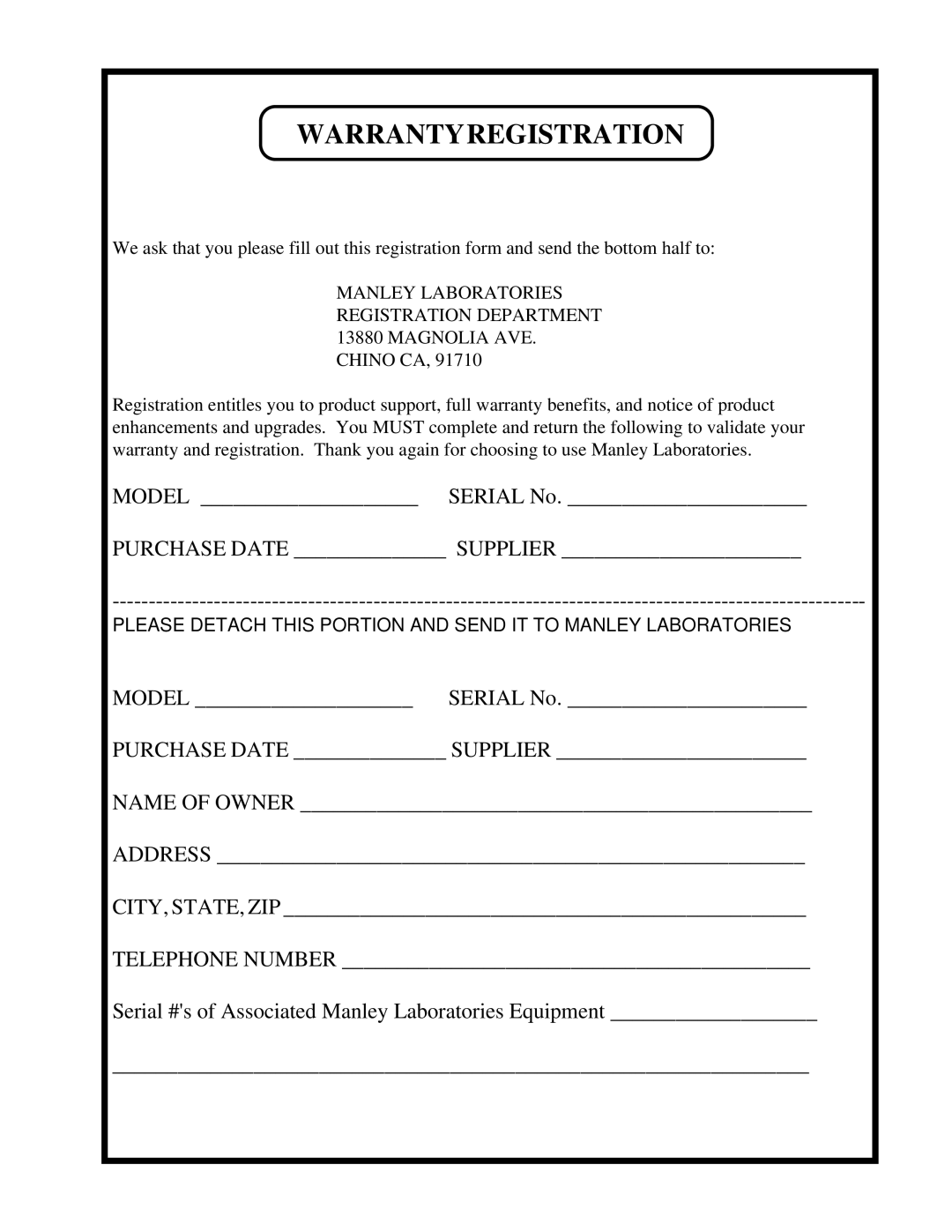 Manley Labs 100 WATT STEREO AMPLIFIER owner manual Warrantyregistration 