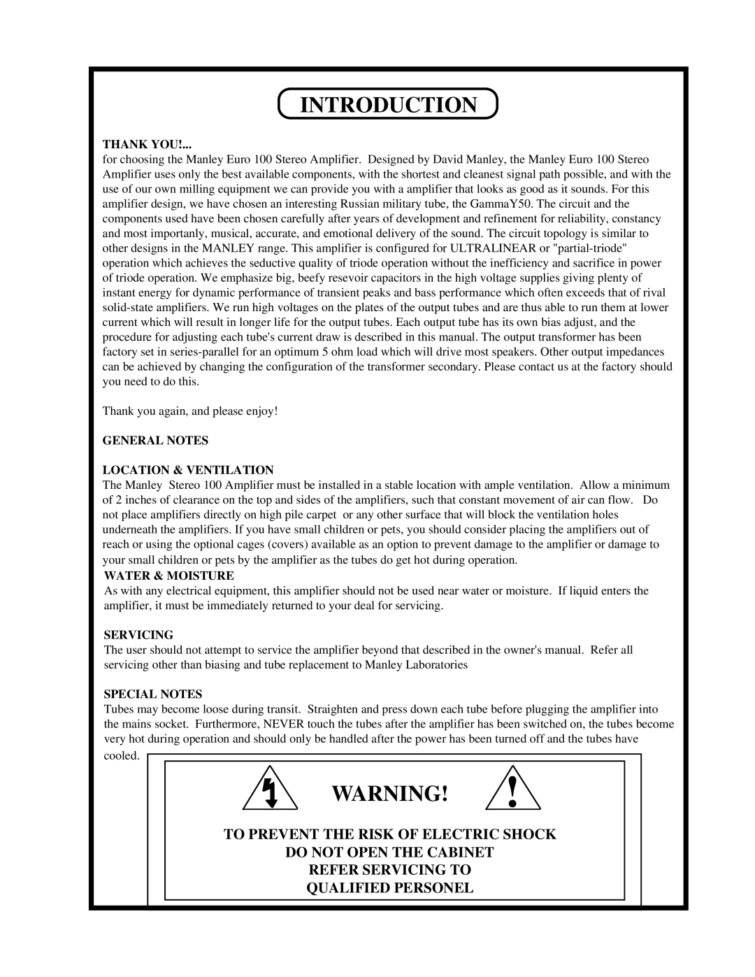 Manley Labs 100 WATT STEREO AMPLIFIER owner manual Introduction, Thank YOU 