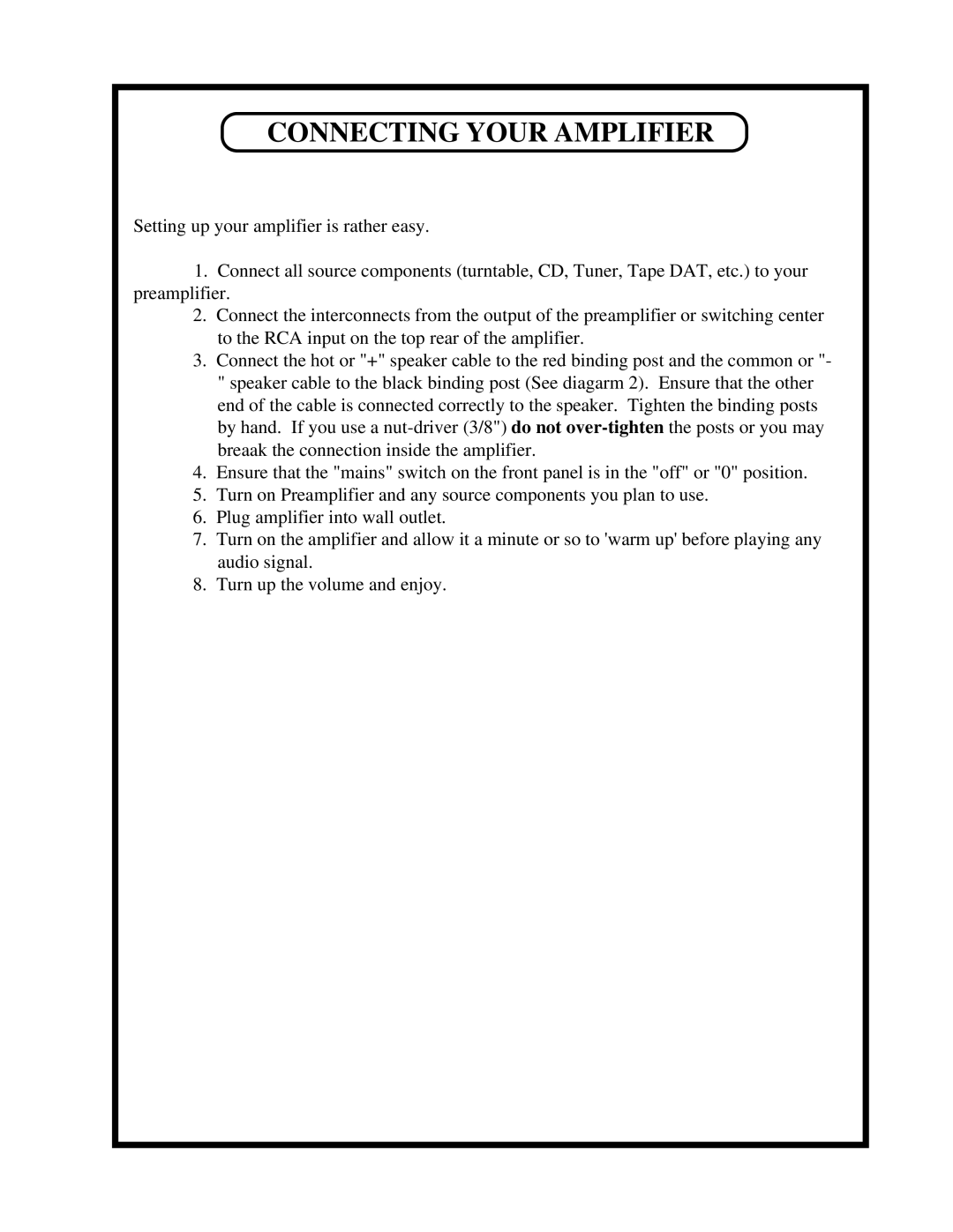 Manley Labs 100 WATT STEREO AMPLIFIER owner manual Connecting Your Amplifier 