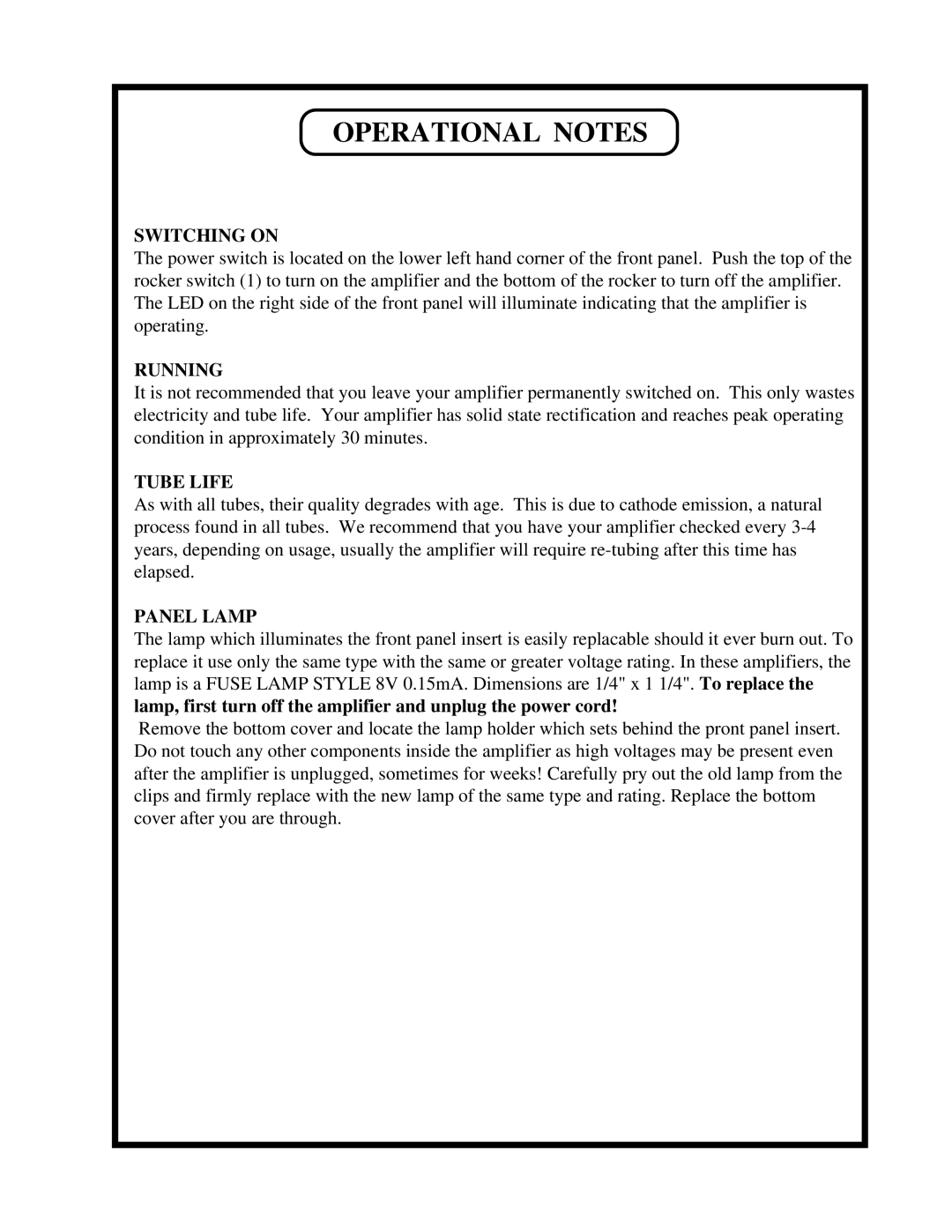 Manley Labs 100 WATT STEREO AMPLIFIER owner manual Operational Notes, Switching on 