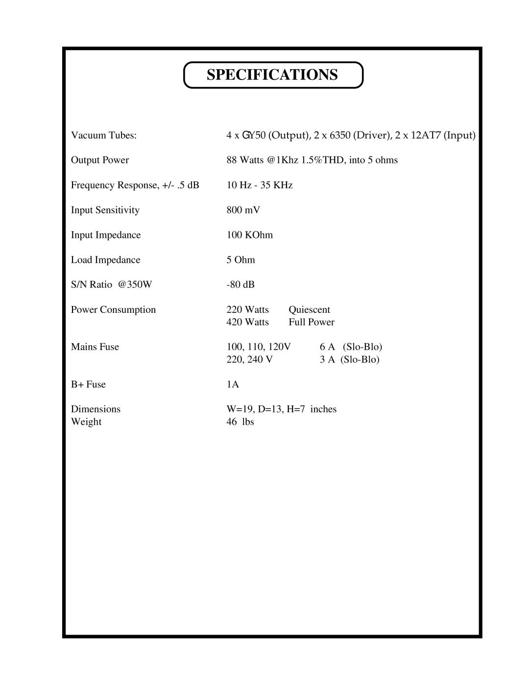 Manley Labs 100 WATT STEREO AMPLIFIER owner manual Specifications 