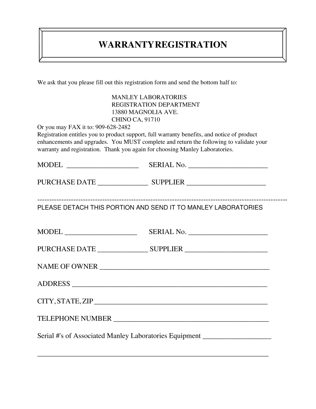 Manley Labs 120 Watt Monoblock Amplifier owner manual Warrantyregistration 