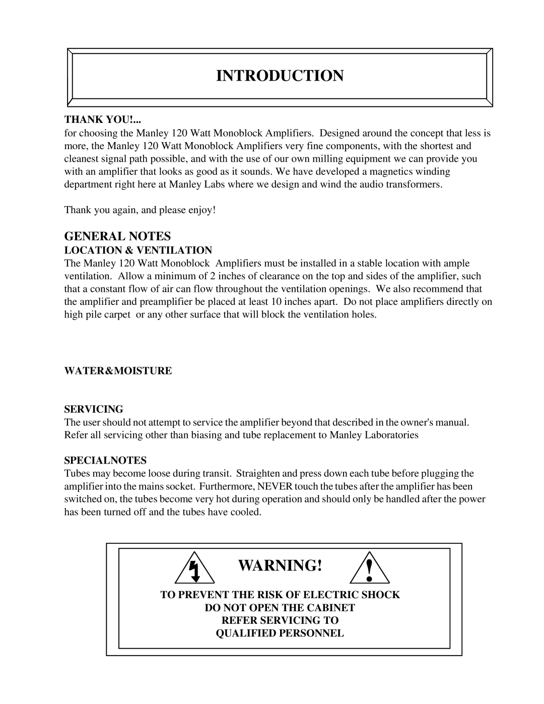 Manley Labs 120 Watt Monoblock Amplifier owner manual Introduction, Thank YOU, Location & Ventilation 