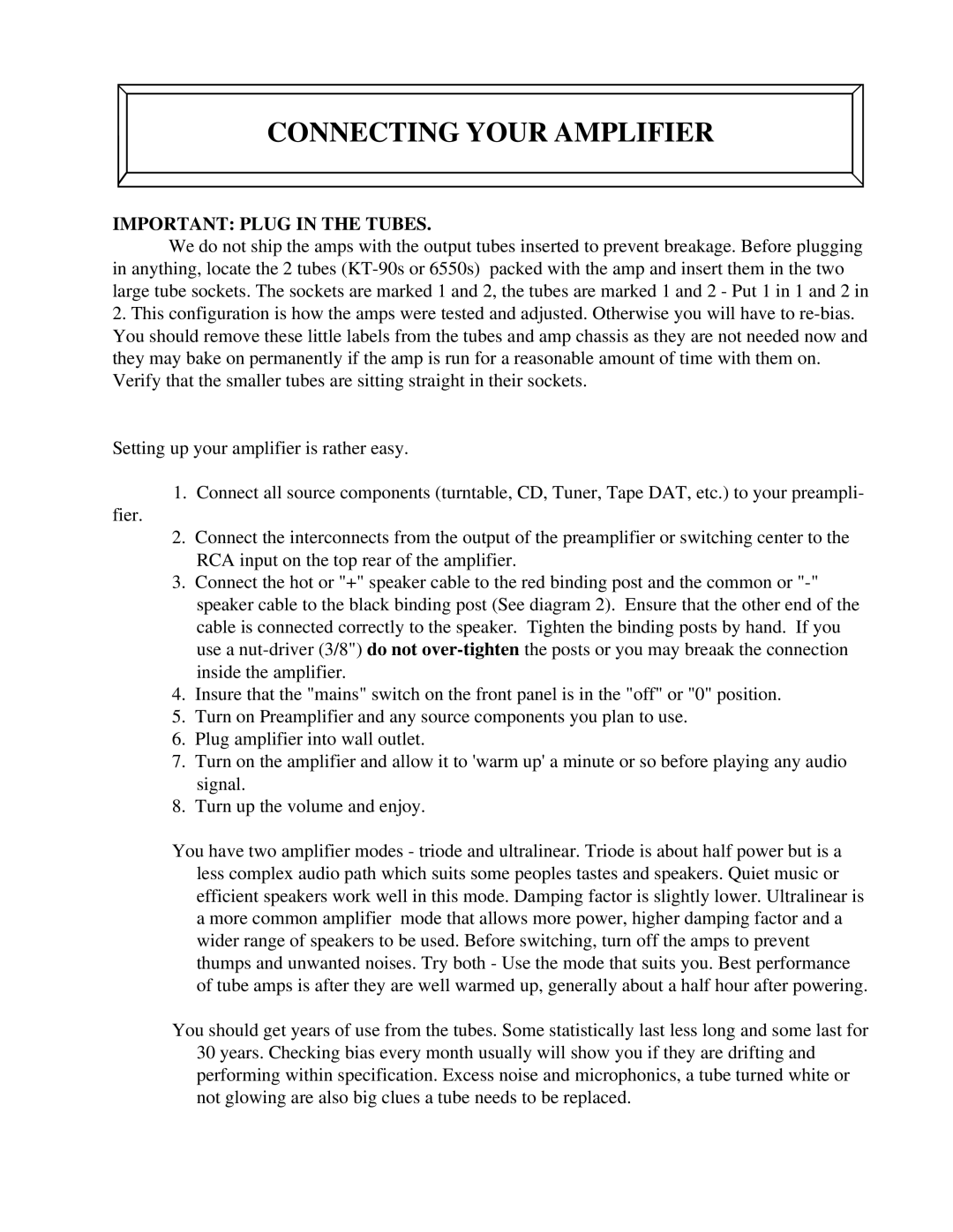 Manley Labs 120 Watt Monoblock Amplifier owner manual Connecting Your Amplifier, Important Plug in the Tubes 