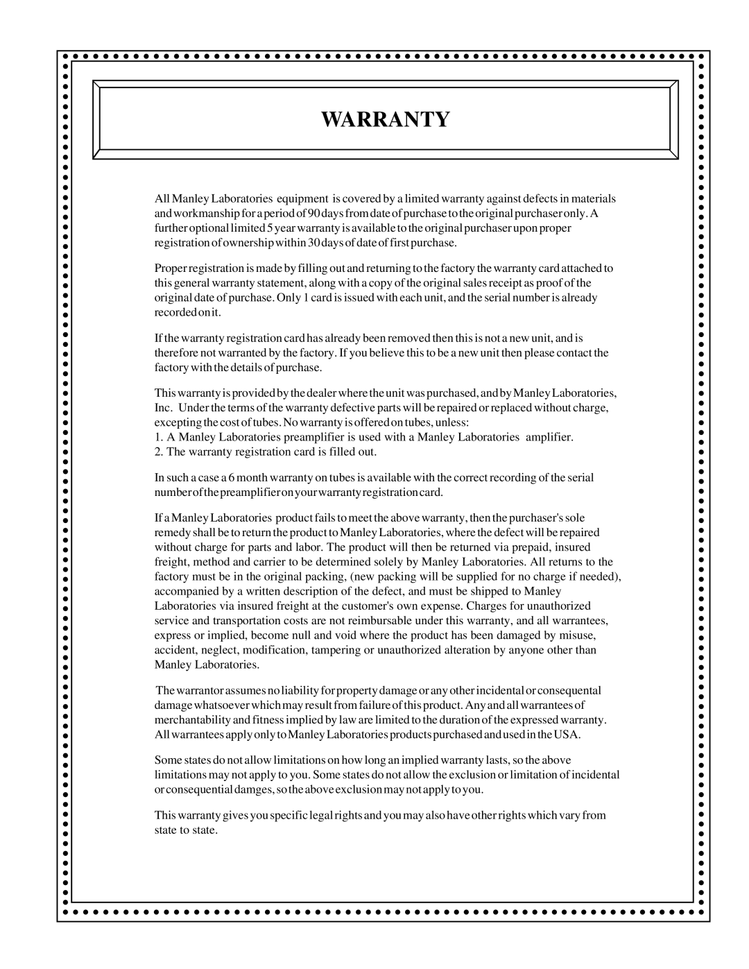 Manley Labs 120 Watt Monoblock Amplifier owner manual Warranty 