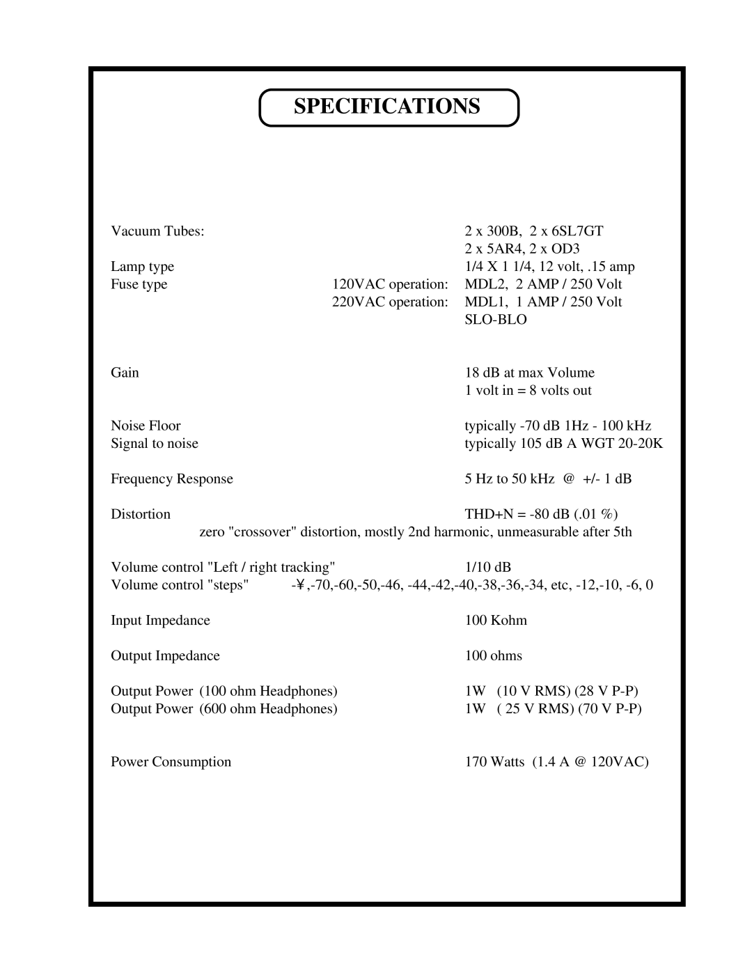 Manley Labs 300B owner manual Specifications, Slo-Blo 