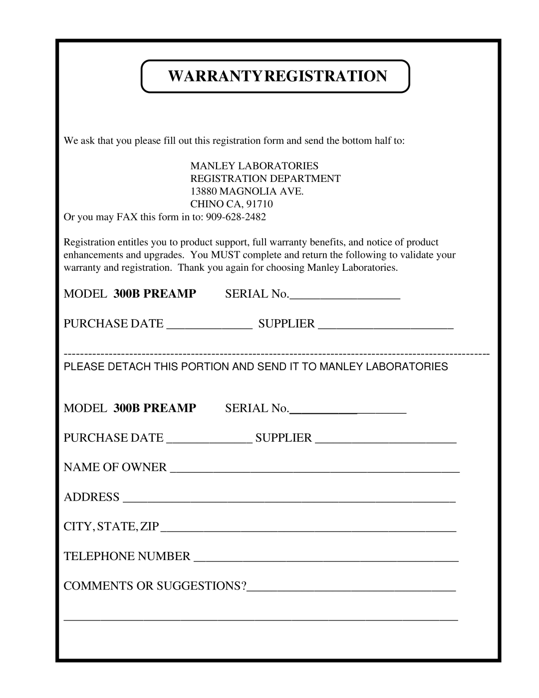 Manley Labs 300B owner manual Warrantyregistration 