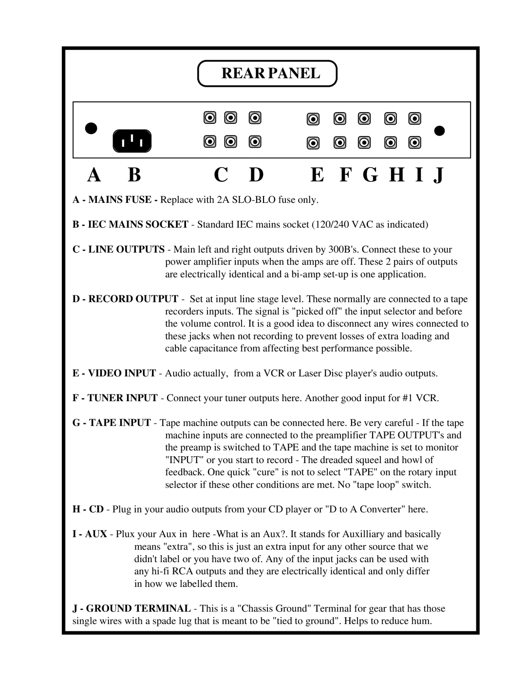 Manley Labs 300B owner manual C D E F G H I J, Rear Panel 