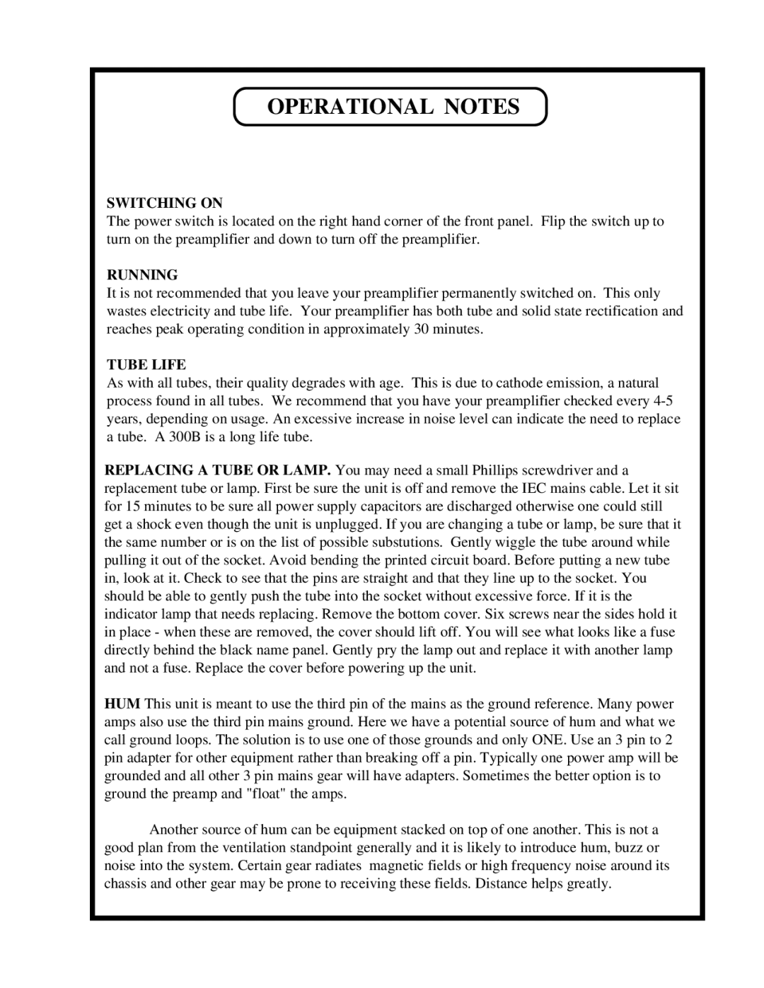 Manley Labs 300B owner manual Operational Notes, Switching on 