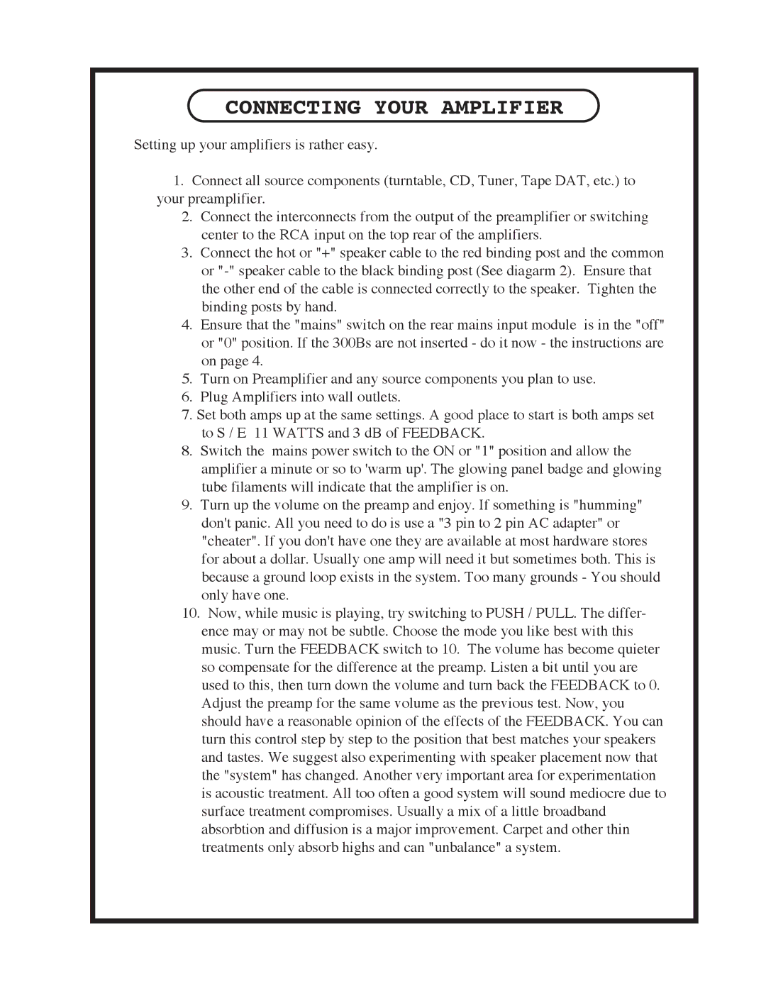 Manley Labs 300B owner manual Connecting Your Amplifier 