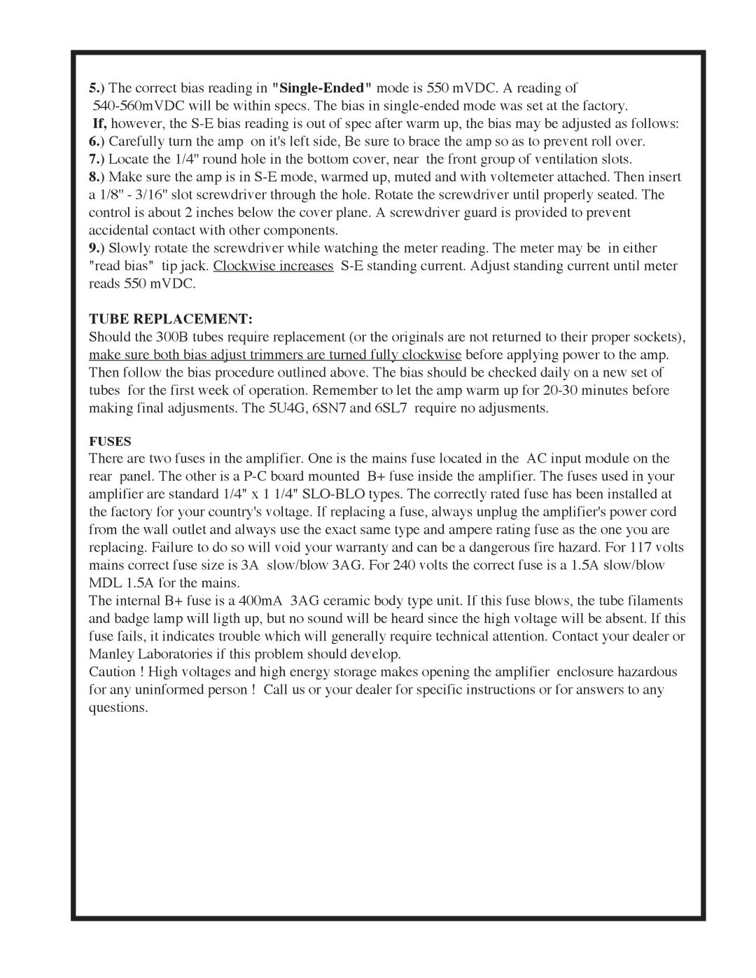 Manley Labs 300B owner manual Tube Replacement 