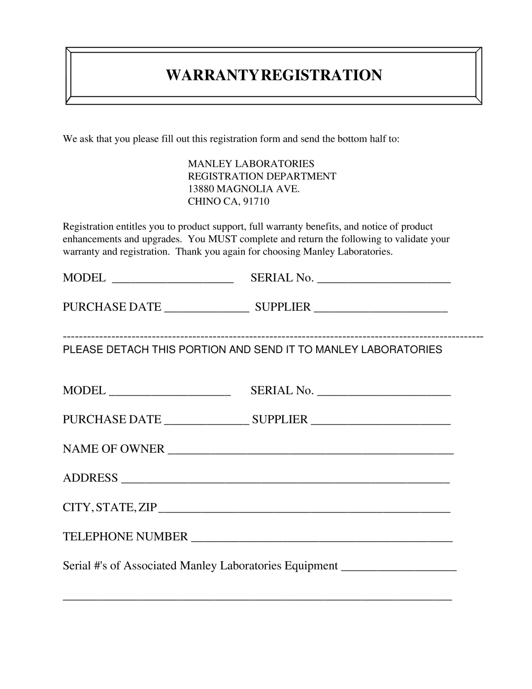 Manley Labs 50 WATT MONOBLOCK AMPLIFIER owner manual Warrantyregistration 