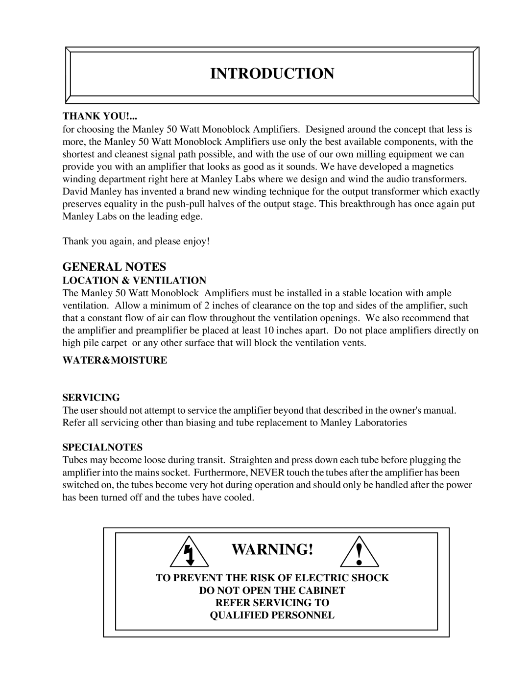 Manley Labs 50 WATT MONOBLOCK AMPLIFIER owner manual Introduction, Thank YOU 