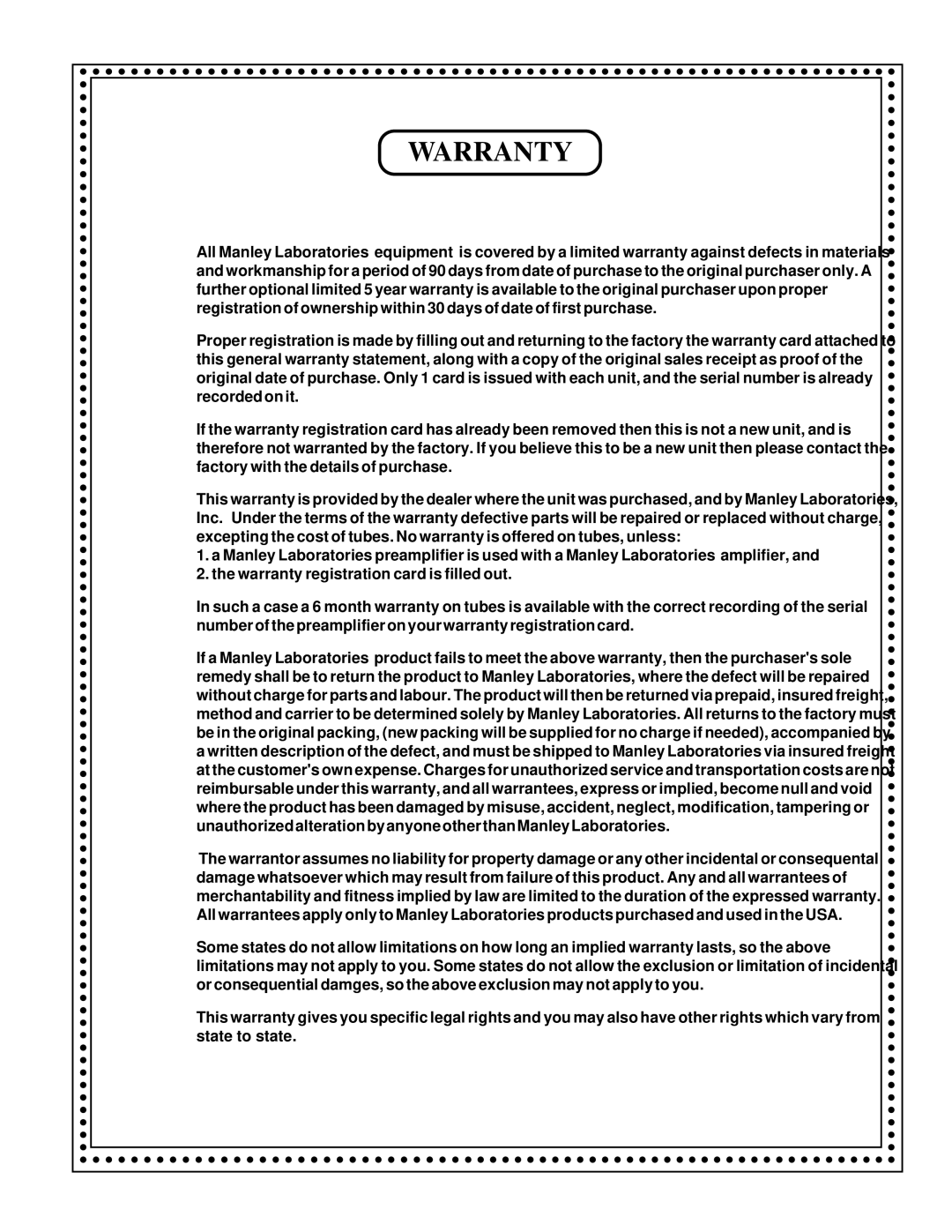 Manley Labs 500 / 200 WATT MONOBLOCK AMPLIFIER owner manual Warranty 