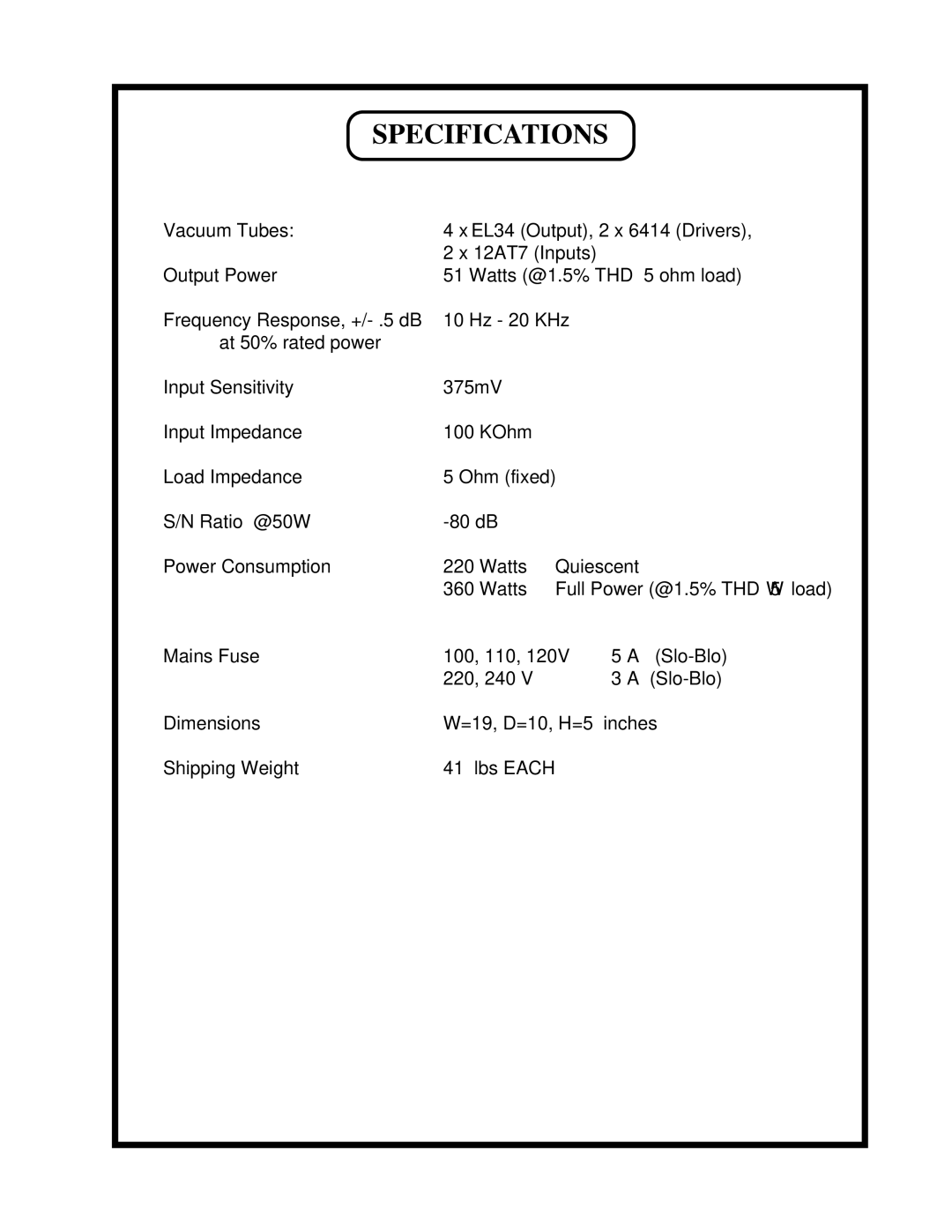 Manley Labs 50/50 owner manual Specifications 