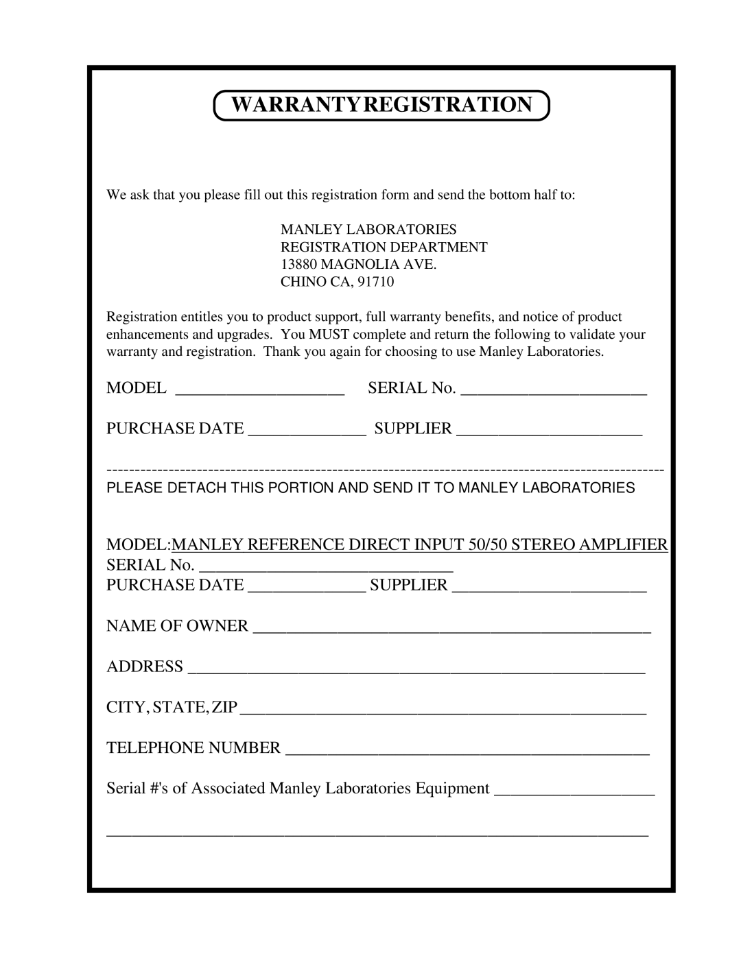 Manley Labs 50/50 owner manual Warrantyregistration 