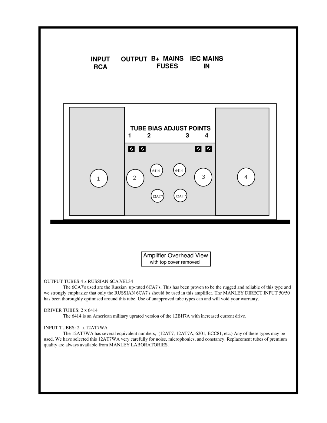 Manley Labs 50/50 owner manual Output B+ Mains IEC Mains RCA Fuses 