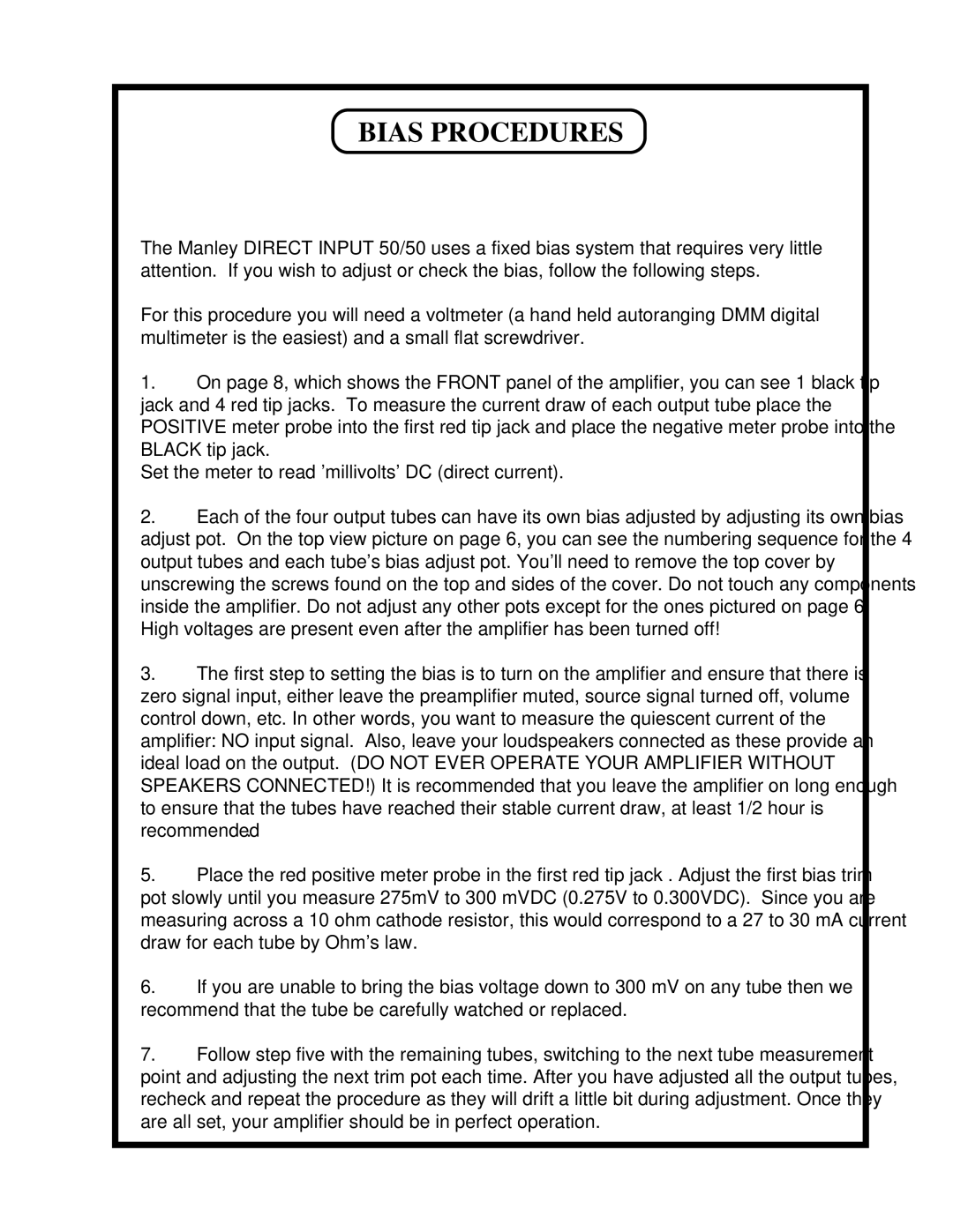 Manley Labs 50/50 owner manual Bias Procedures 