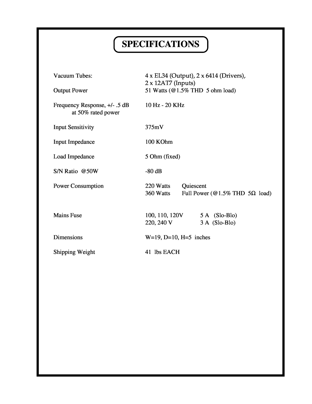 Manley Labs 50/50 owner manual Specifications 