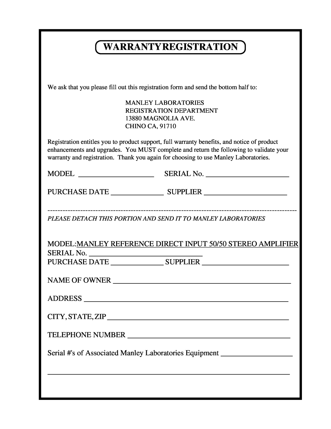 Manley Labs 50/50 owner manual Warrantyregistration 