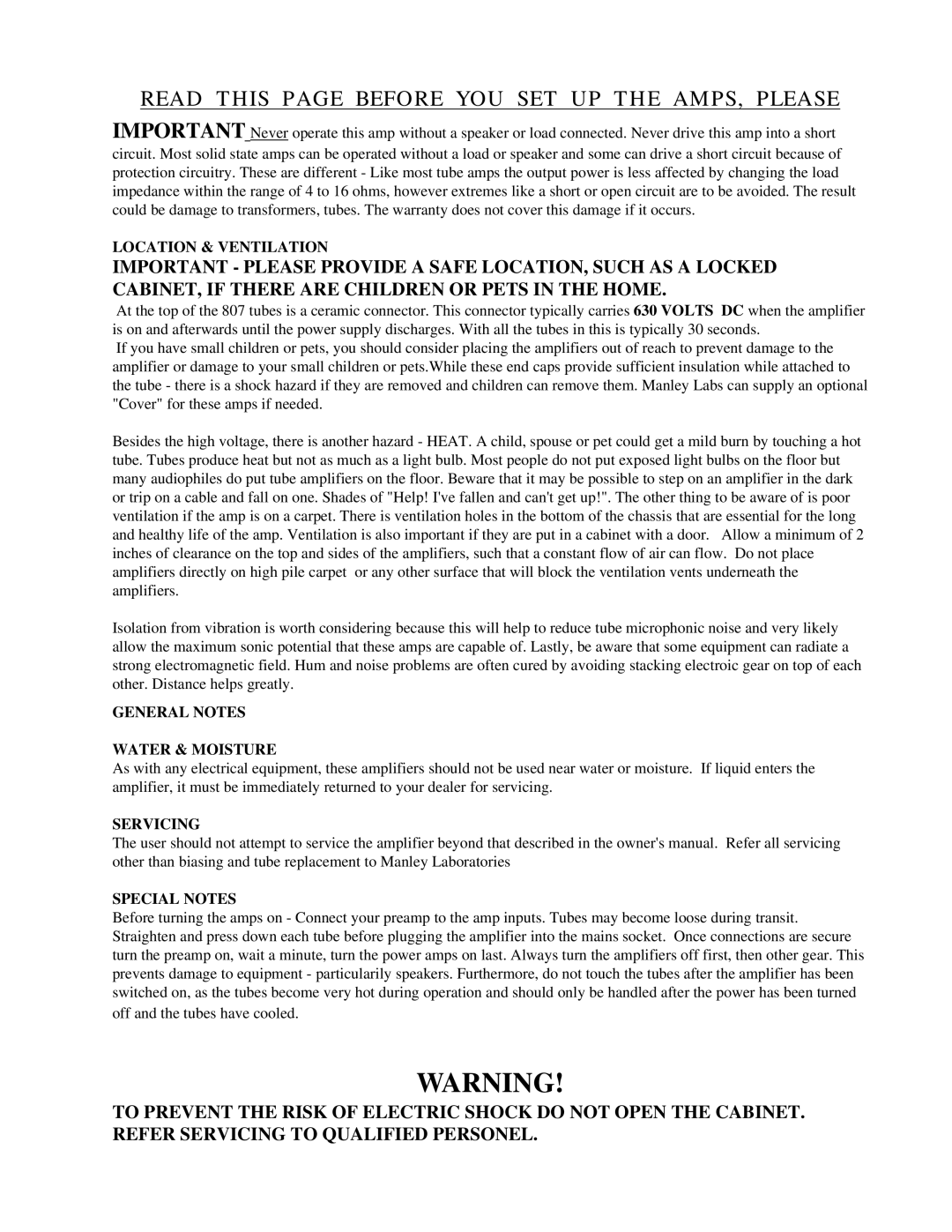 Manley Labs 75/150 SE/PP 807 MONOBLOCK owner manual Read this page Before YOU SET UP the AMPS, Please 