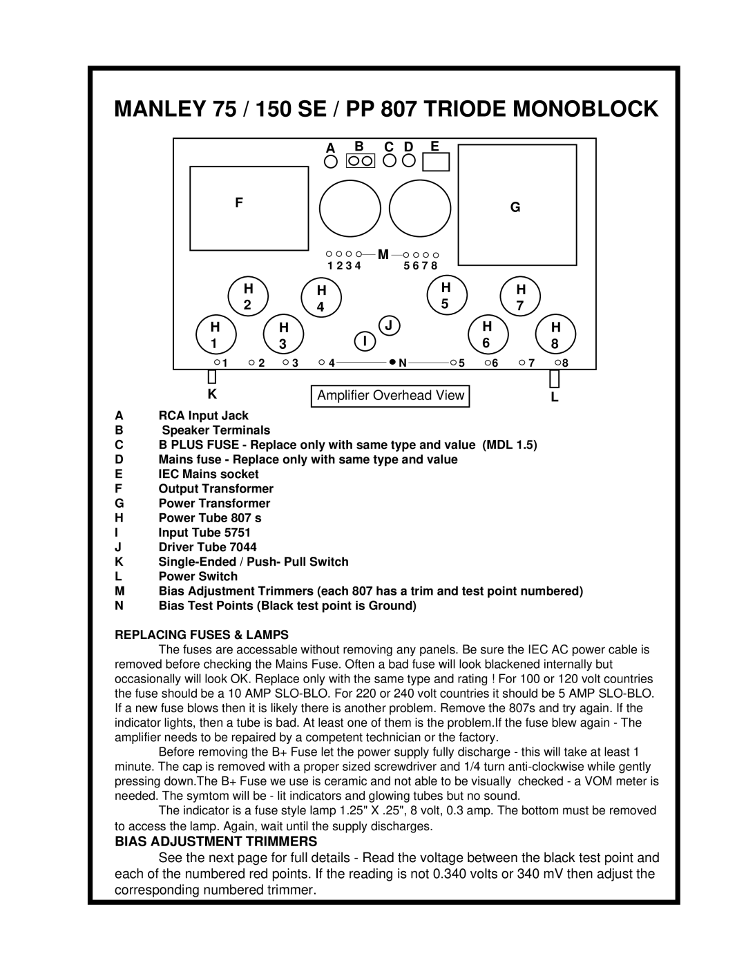 Manley Labs 75/150 SE/PP 807 MONOBLOCK owner manual Manley 75 / 150 SE / PP 807 Triode Monoblock 