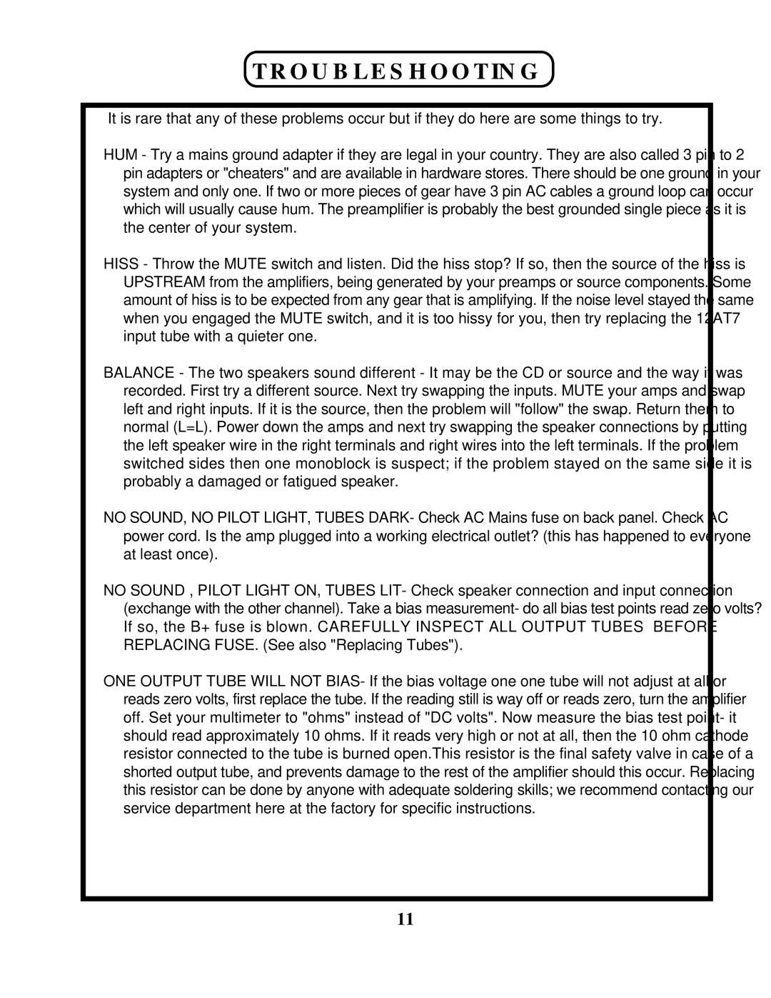 Manley Labs AMPLIFIERS owner manual Troubleshooting 