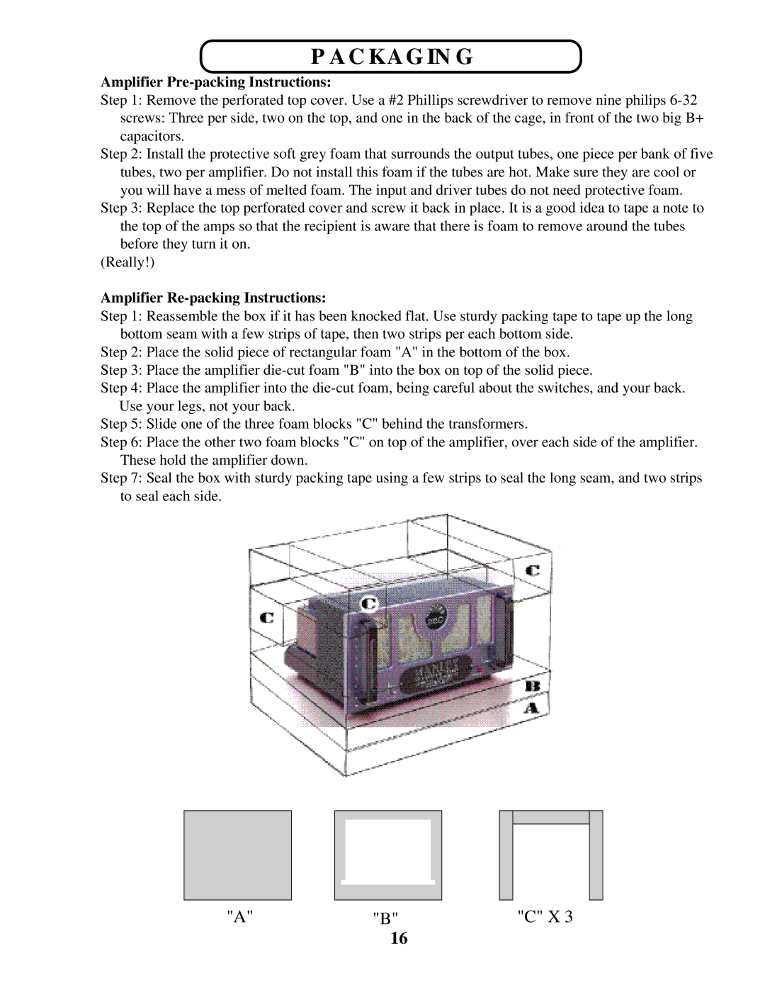 Manley Labs AMPLIFIERS owner manual Packaging, Amplifier Pre-packing Instructions 