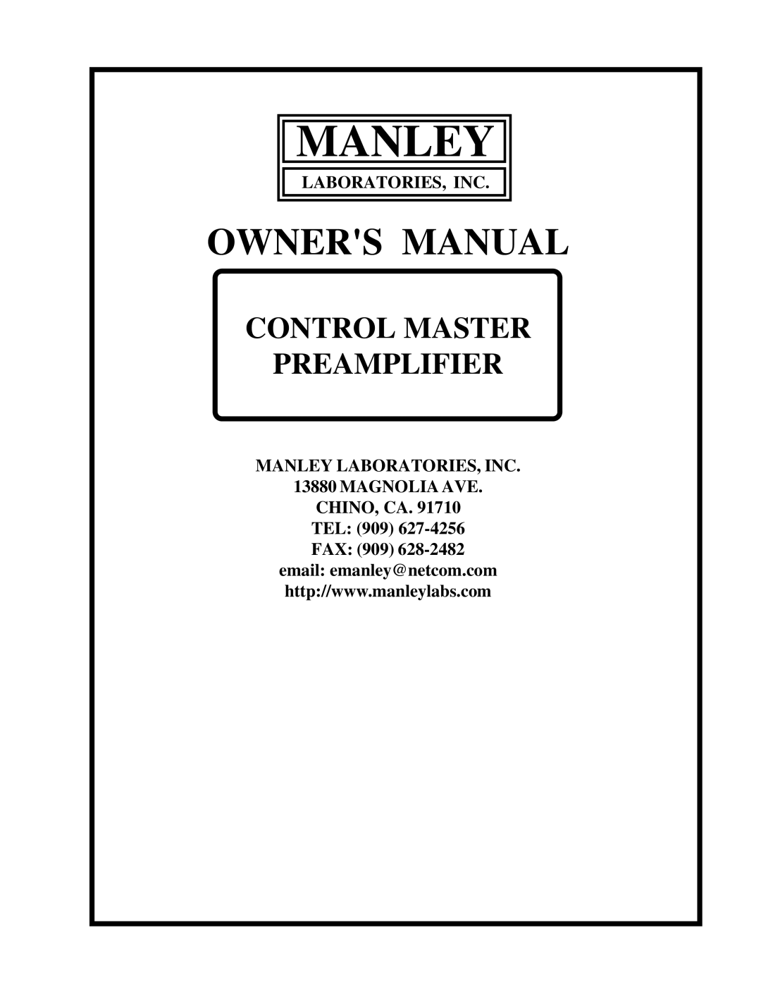 Manley Labs CONTROL MASTER PREAMPLIFIER owner manual Manley 