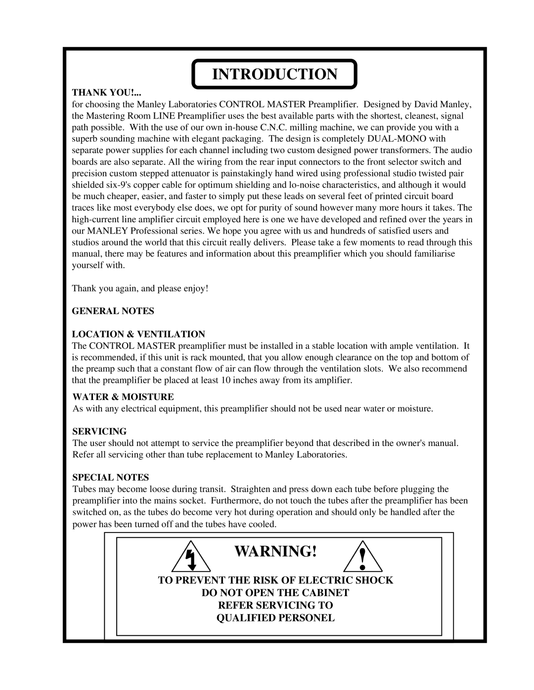 Manley Labs CONTROL MASTER PREAMPLIFIER owner manual Introduction, Thank YOU 