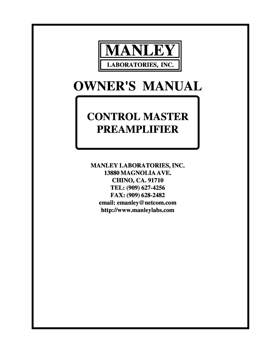 Manley Labs CONTROL MASTER PREAMPLIFIER owner manual Control Master Preamplifier, Manley 