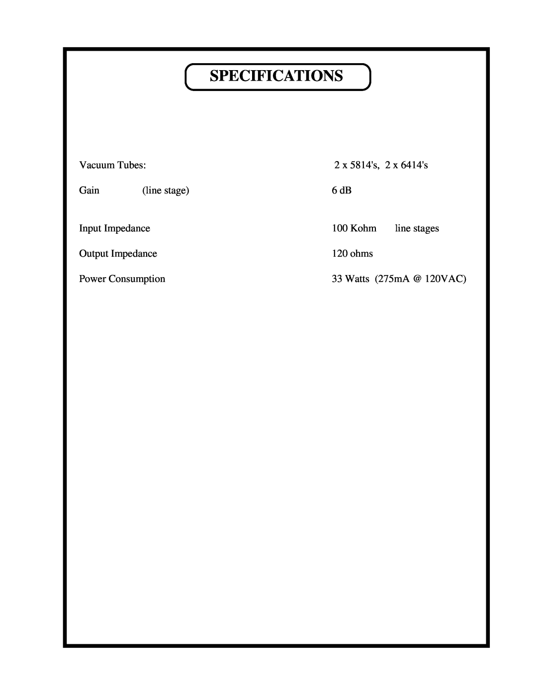 Manley Labs CONTROL MASTER PREAMPLIFIER owner manual Specifications 