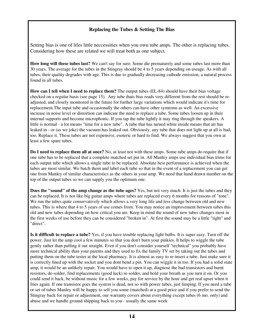 Manley Labs INTEGRATED AMPLIFIER owner manual Replacing the Tubes & Setting The Bias 