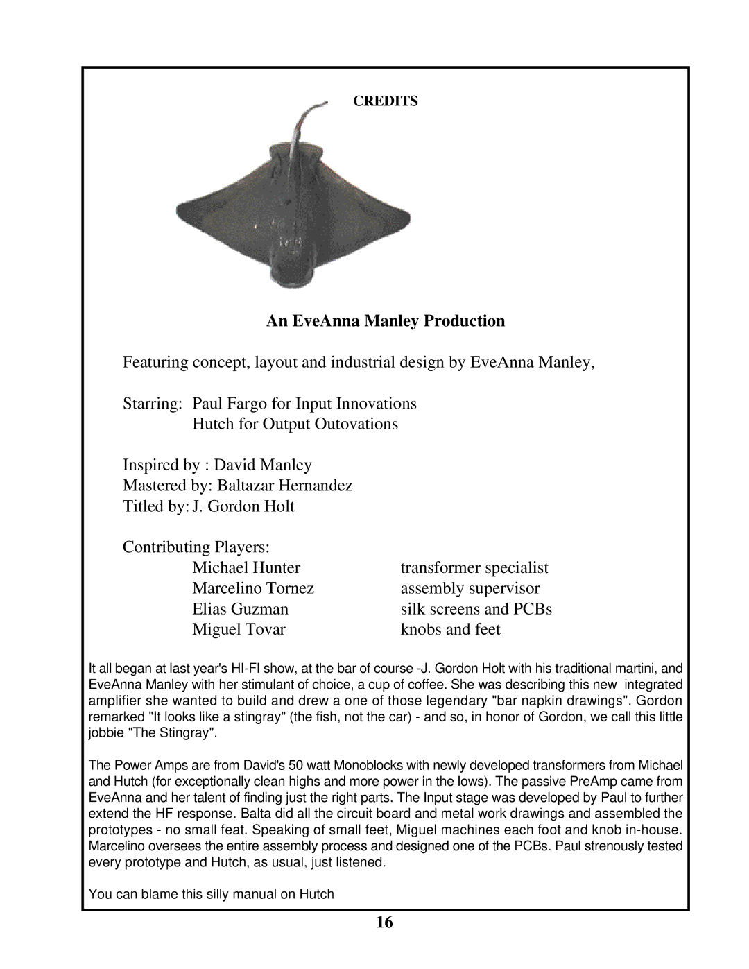 Manley Labs INTEGRATED AMPLIFIER owner manual An EveAnna Manley Production 