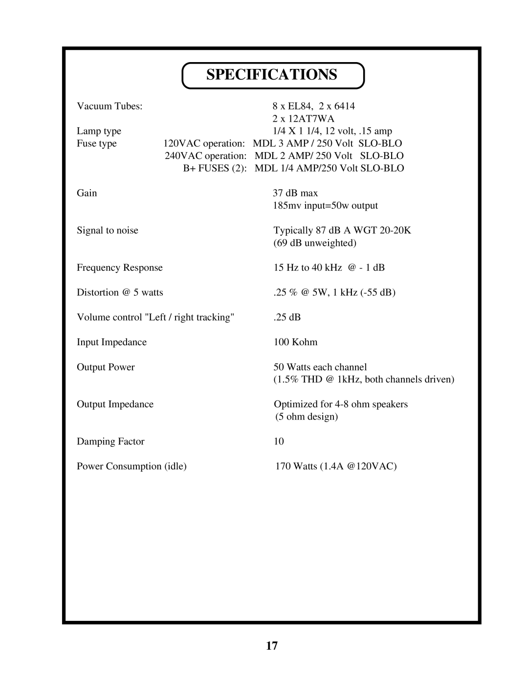 Manley Labs INTEGRATED AMPLIFIER owner manual Specifications 