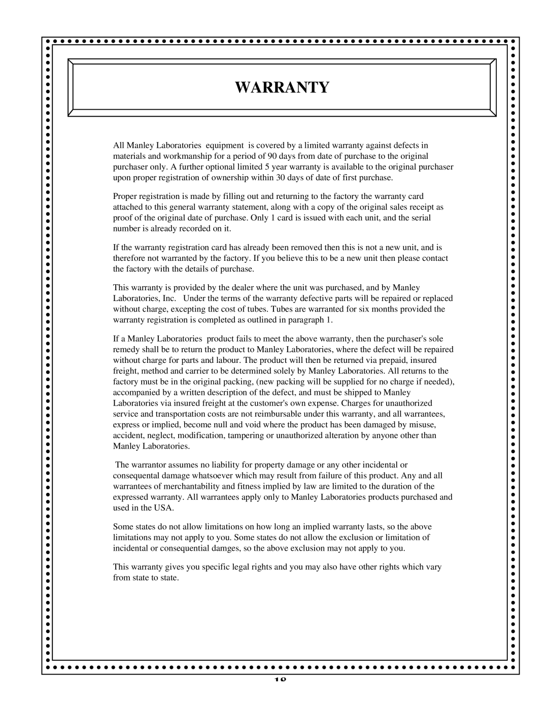 Manley Labs INTEGRATED AMPLIFIER owner manual Warranty 