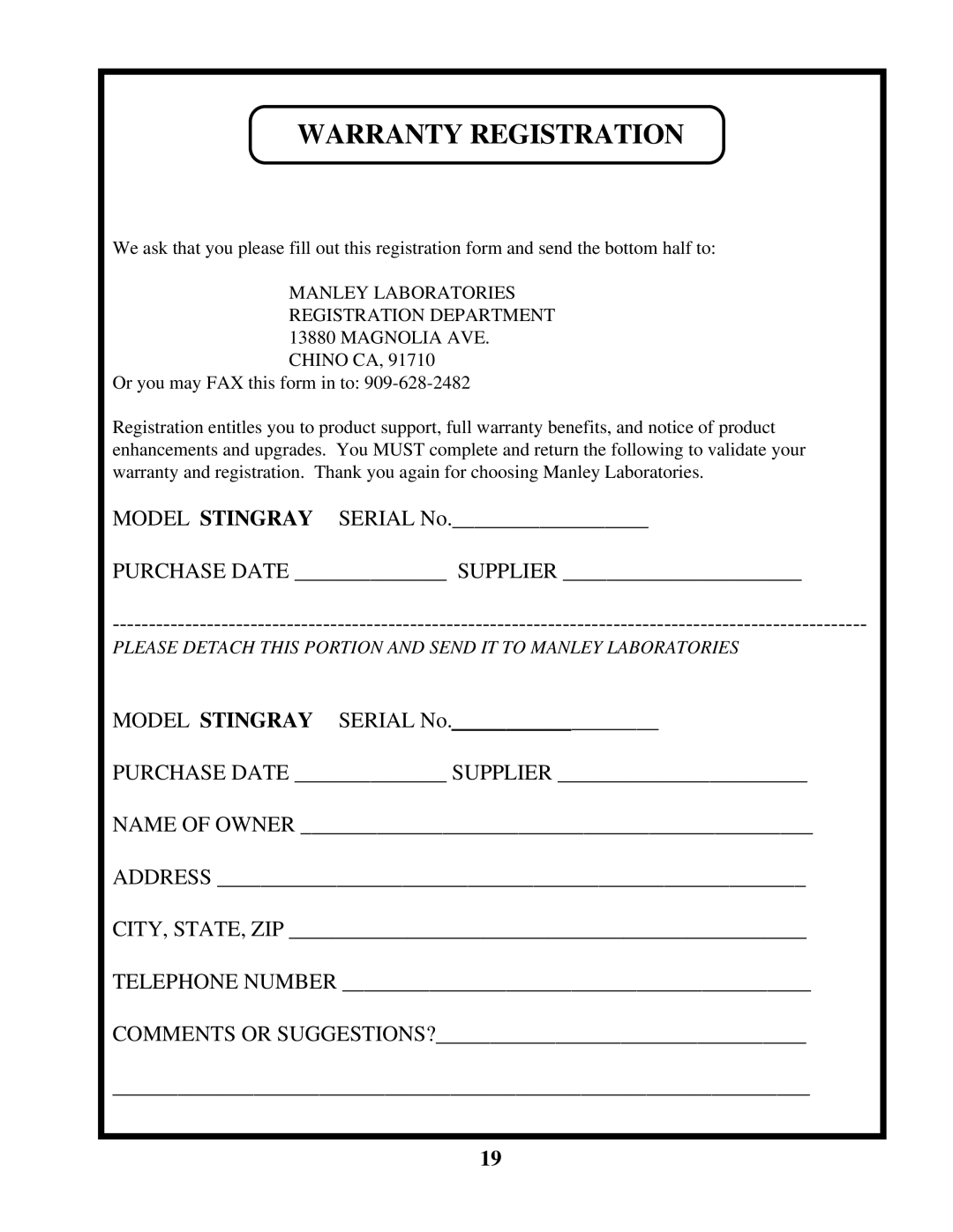 Manley Labs INTEGRATED AMPLIFIER owner manual Warranty Registration 