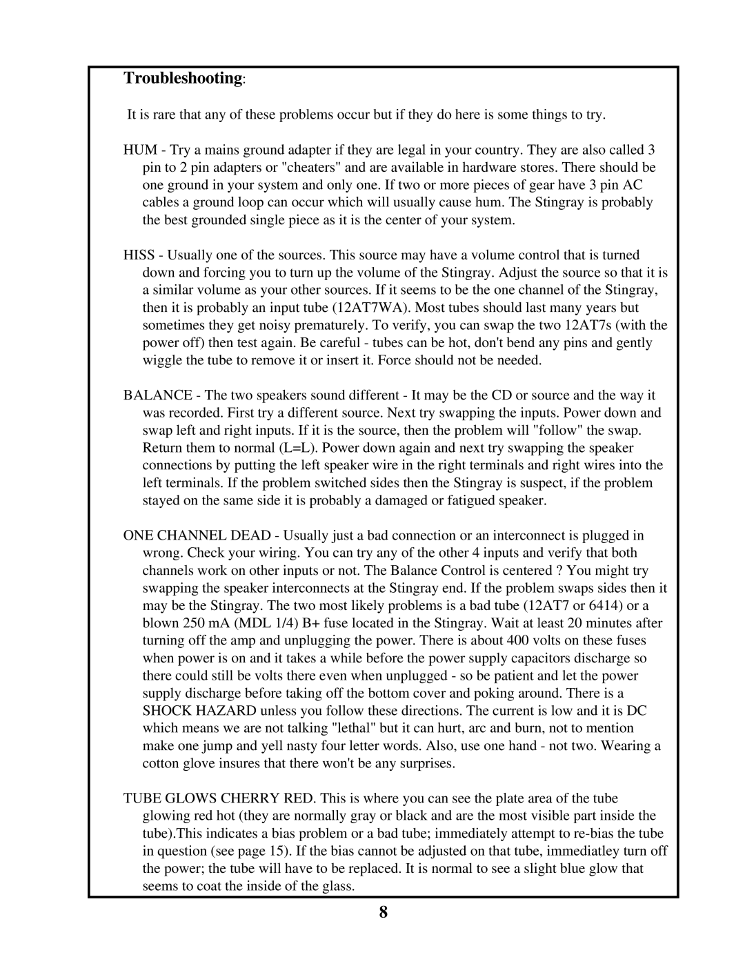 Manley Labs INTEGRATED AMPLIFIER owner manual Troubleshooting 