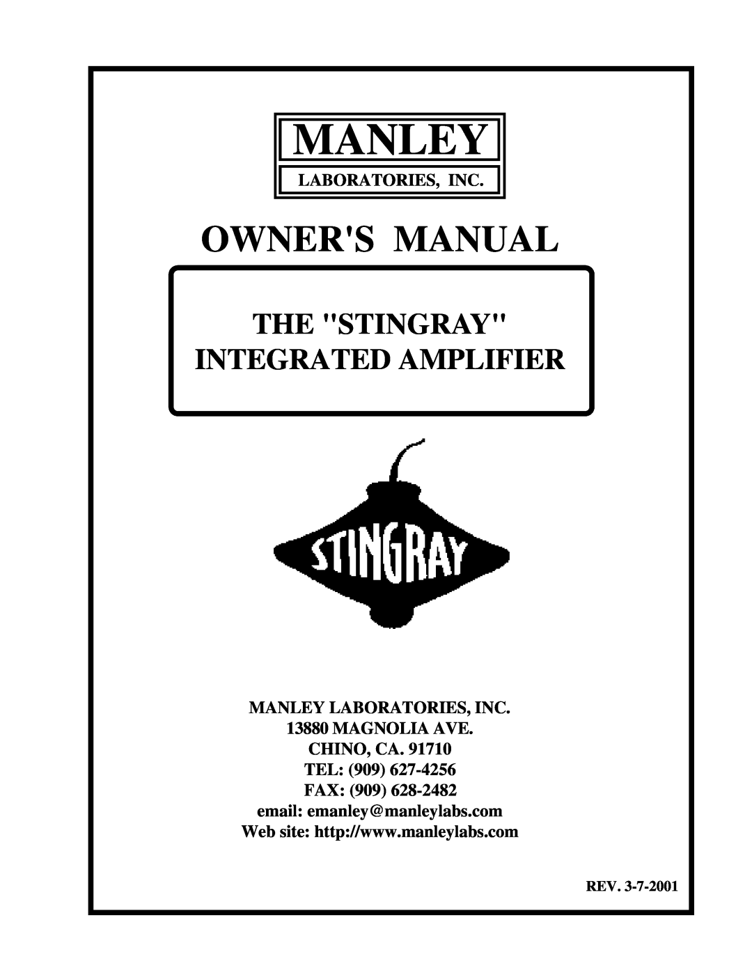 Manley Labs INTEGRATED AMPLIFIER owner manual Laboratories, Inc, MANLEY LABORATORIES, INC 13880 MAGNOLIA AVE, Manley 