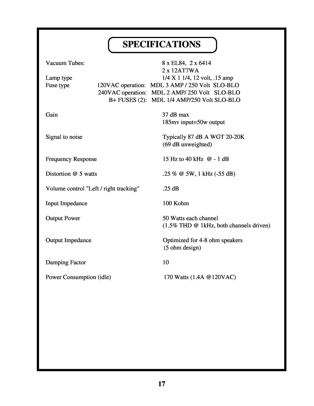 Manley Labs INTEGRATED AMPLIFIER owner manual Specifications 