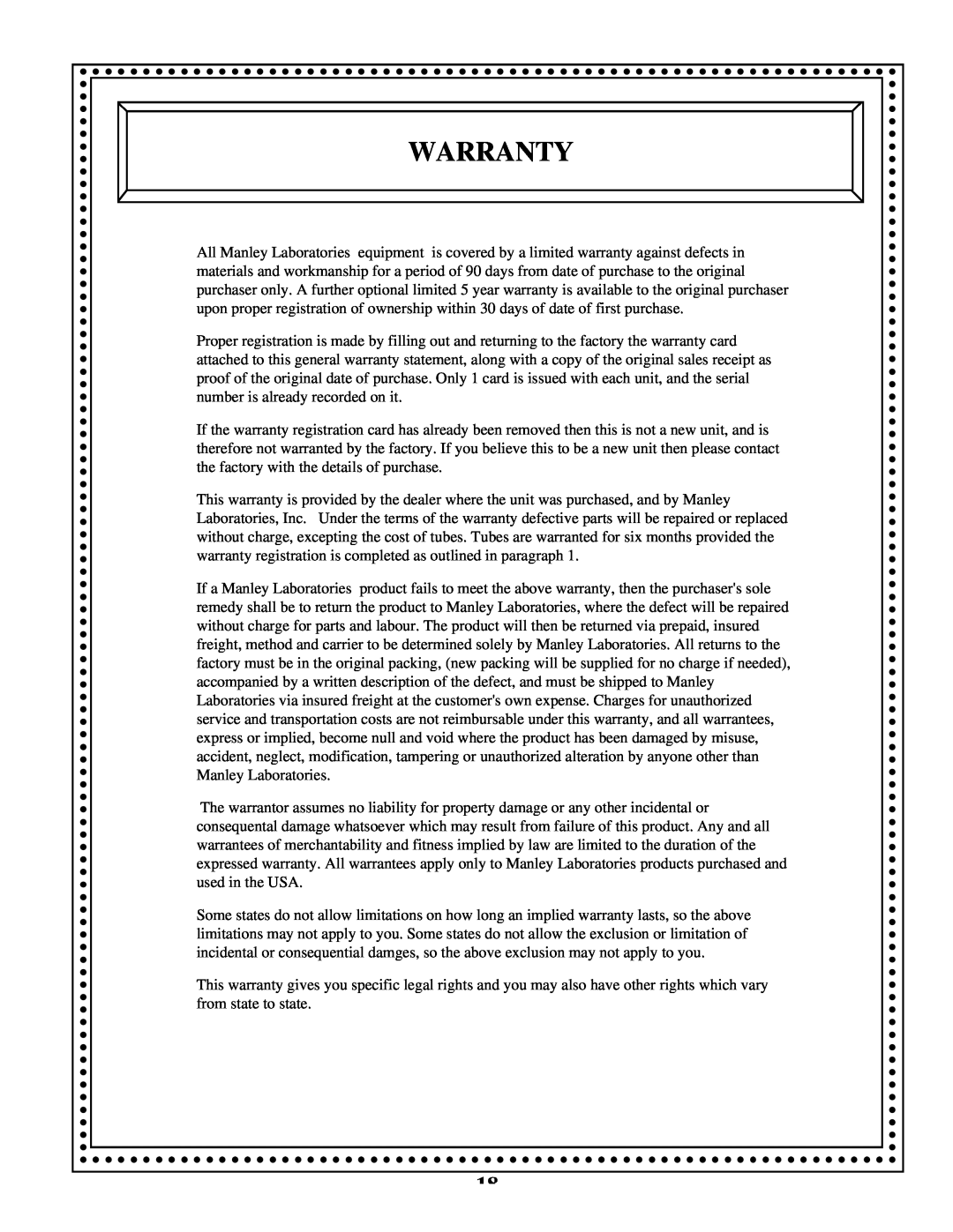 Manley Labs INTEGRATED AMPLIFIER owner manual Warranty 