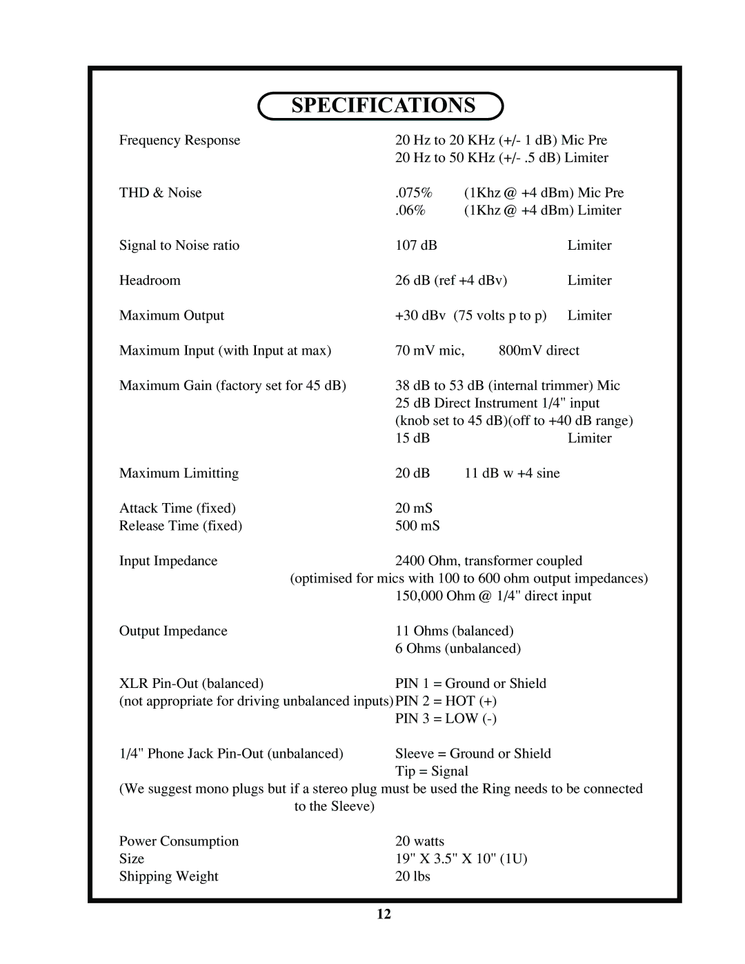 Manley Labs Langevin Dual Vocal Combo owner manual Specifications 