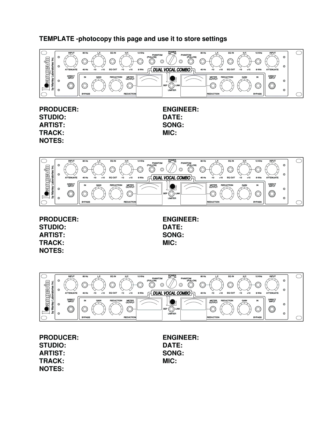 Manley Labs Langevin Dual Vocal Combo owner manual Producerengineer Studiodate Artistsong Trackmic 